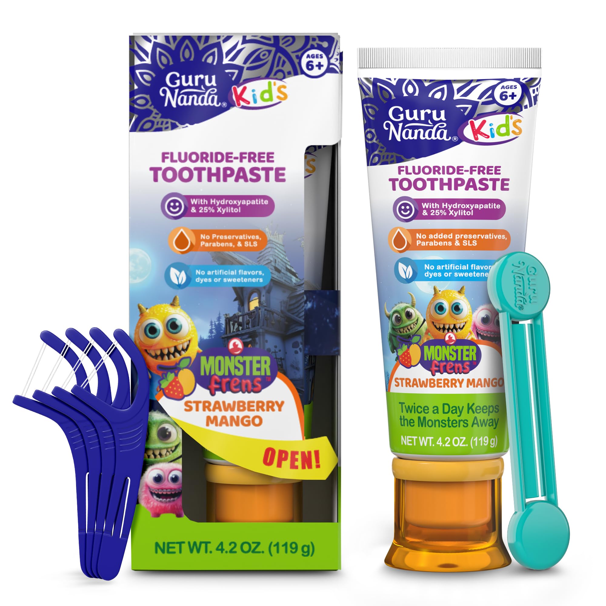 GuruNanda Kids Toothpaste, Strawberry Mango, SLS &amp; Fluoride Free, 4.2 oz