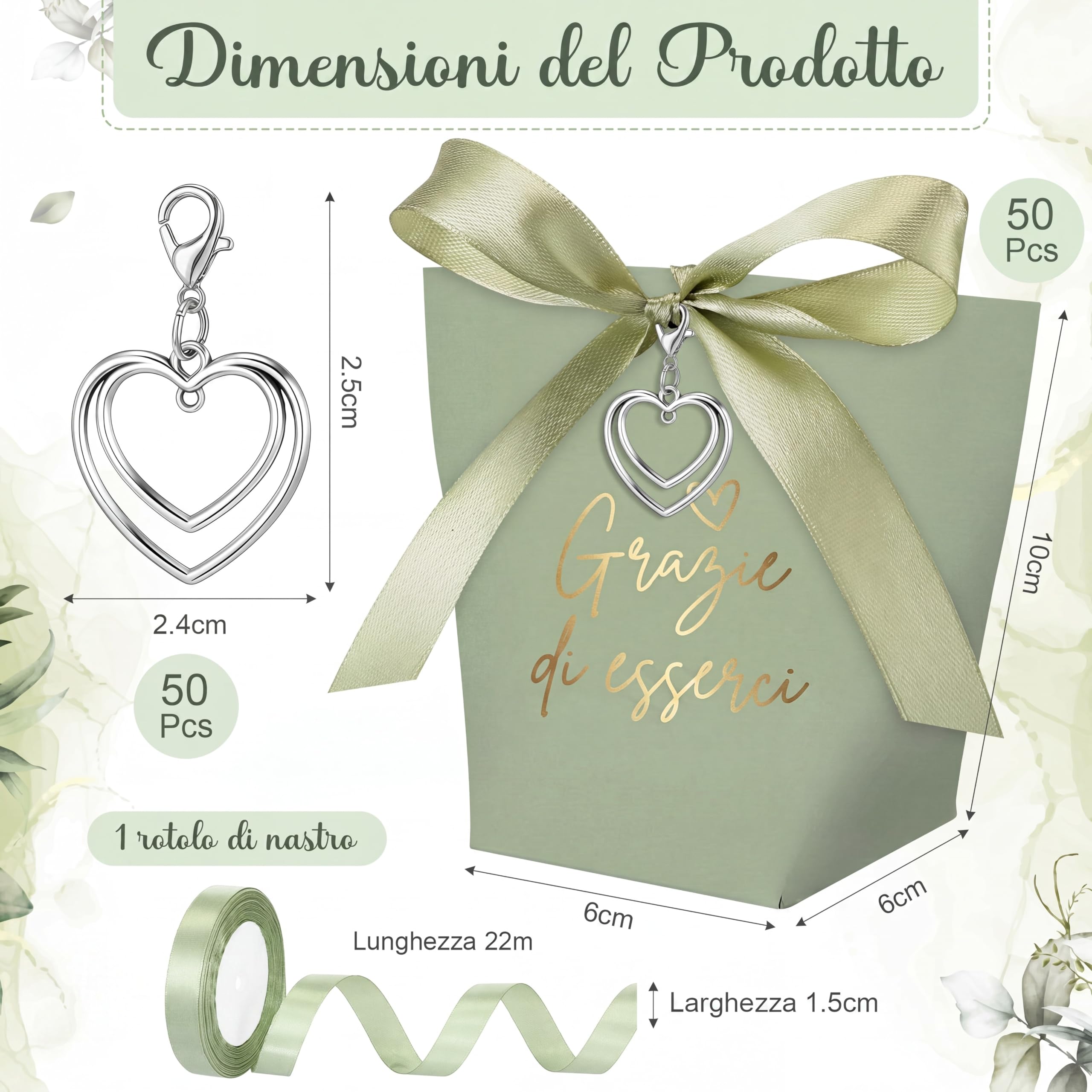 50 Set Scatoline Portaconfetti Matrimonio Bomboniere Comunione con Nastro Ciondolo Cuore Sacchetti Confetti Scatoline Regalo Battesimo Cresima Fidanzamento Nozze Compleanno Grazie(Verde Salvia)