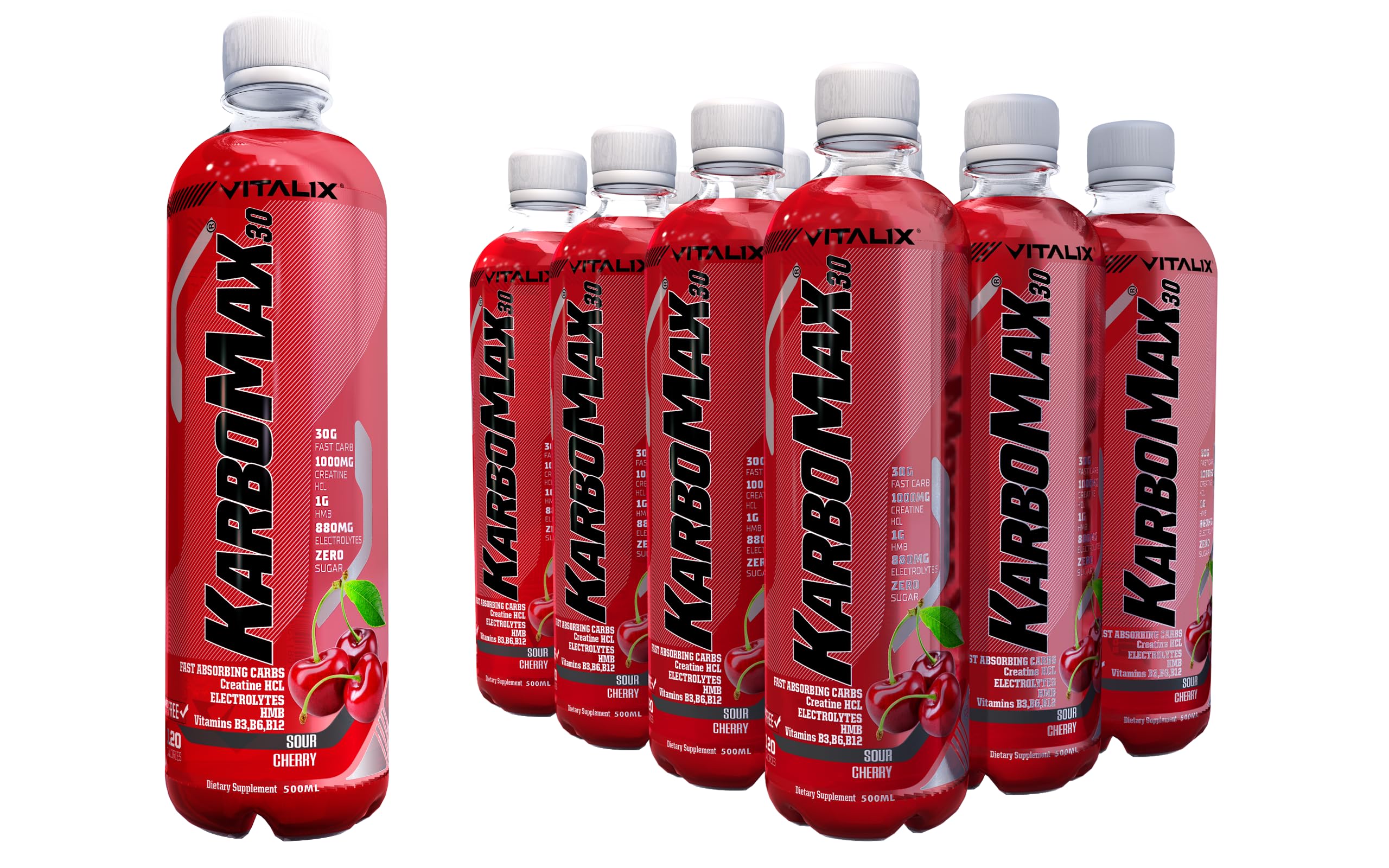 Vitalix KarboMax 30 | Weight Gain Drink - Sour Cherry | Fast Carb with 30g Carbs, 1000mg HCL Creatine, 1g HMB, 880mg Electrolytes, Vitamins B, Zero Sugar, 500ml - Pack of 12