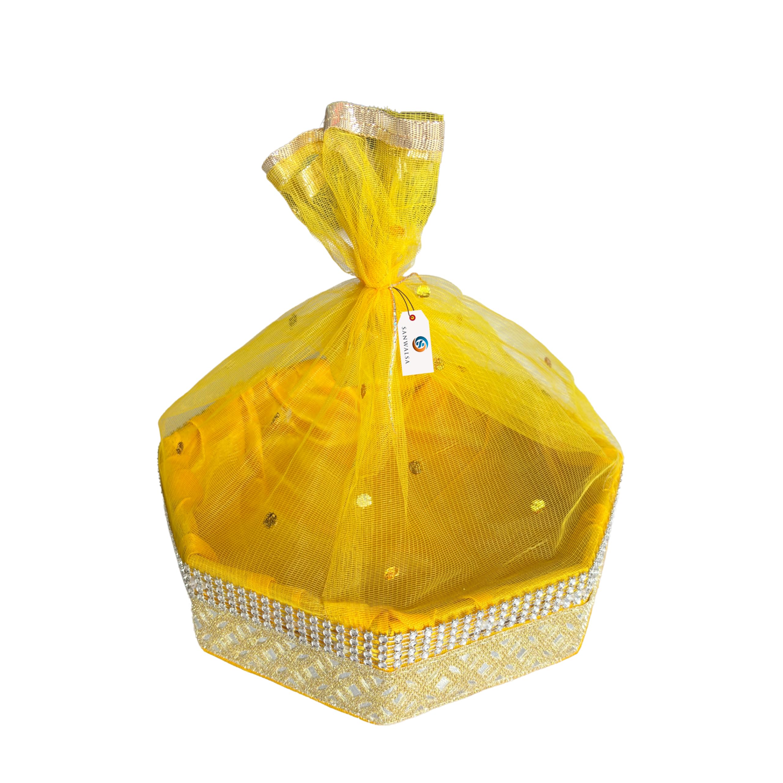 SANWALSA (Large, 12x12x2 inch, Hexagon, Yellow-Stone Lace) MDF Base Designer Gift Hamper Packaging Baskets with Net Cover, Gift Hamper Organiser Perfect for Any Occasion-image-10