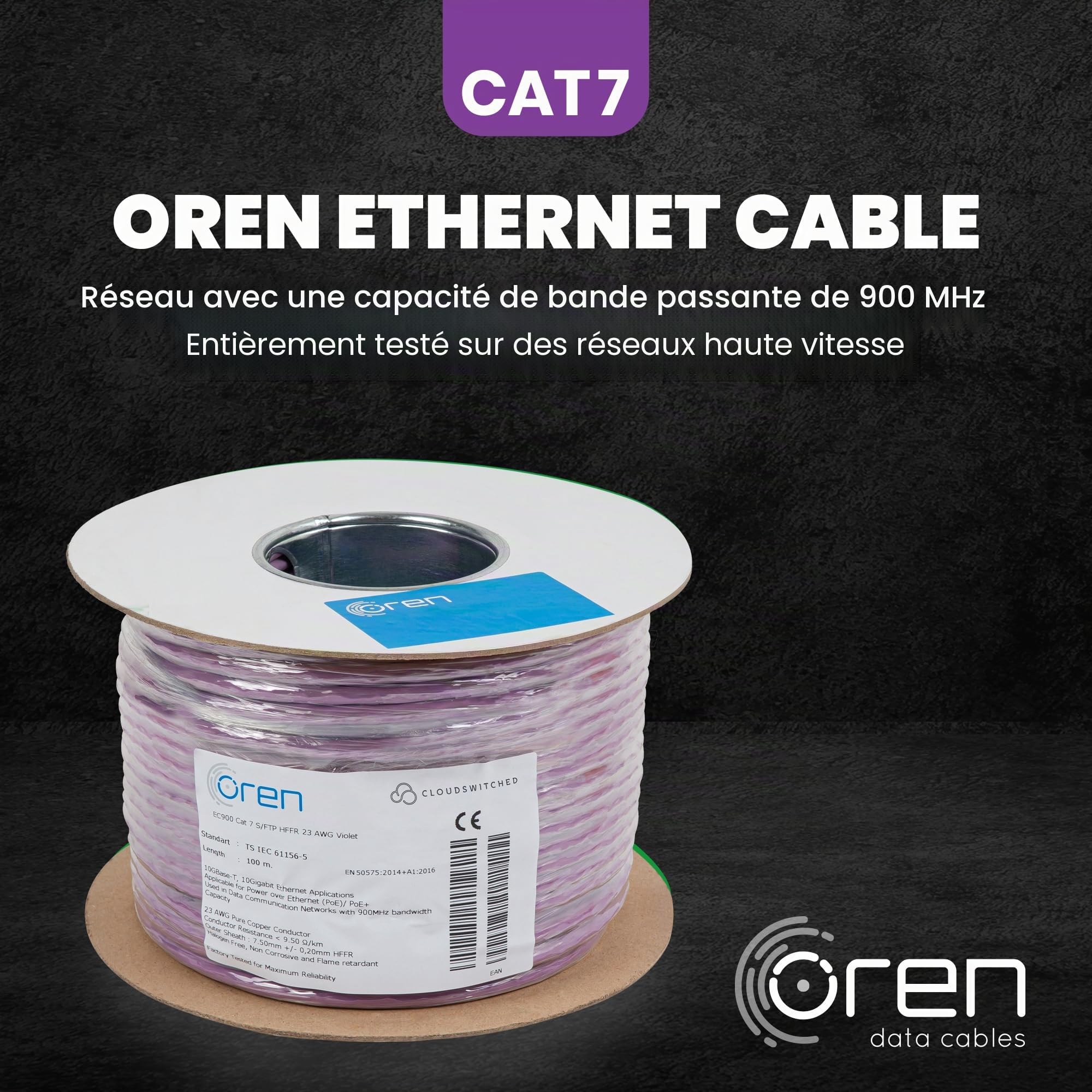 Oren CAT7 100m Câble Ethernet - Câble en cuivre pur 23 AWG - B2ca - Bande passante 900 MHz, Câble réseau LAN Internet S/FTP, sans halogène, non corrosif, ignifuge - 10GbE