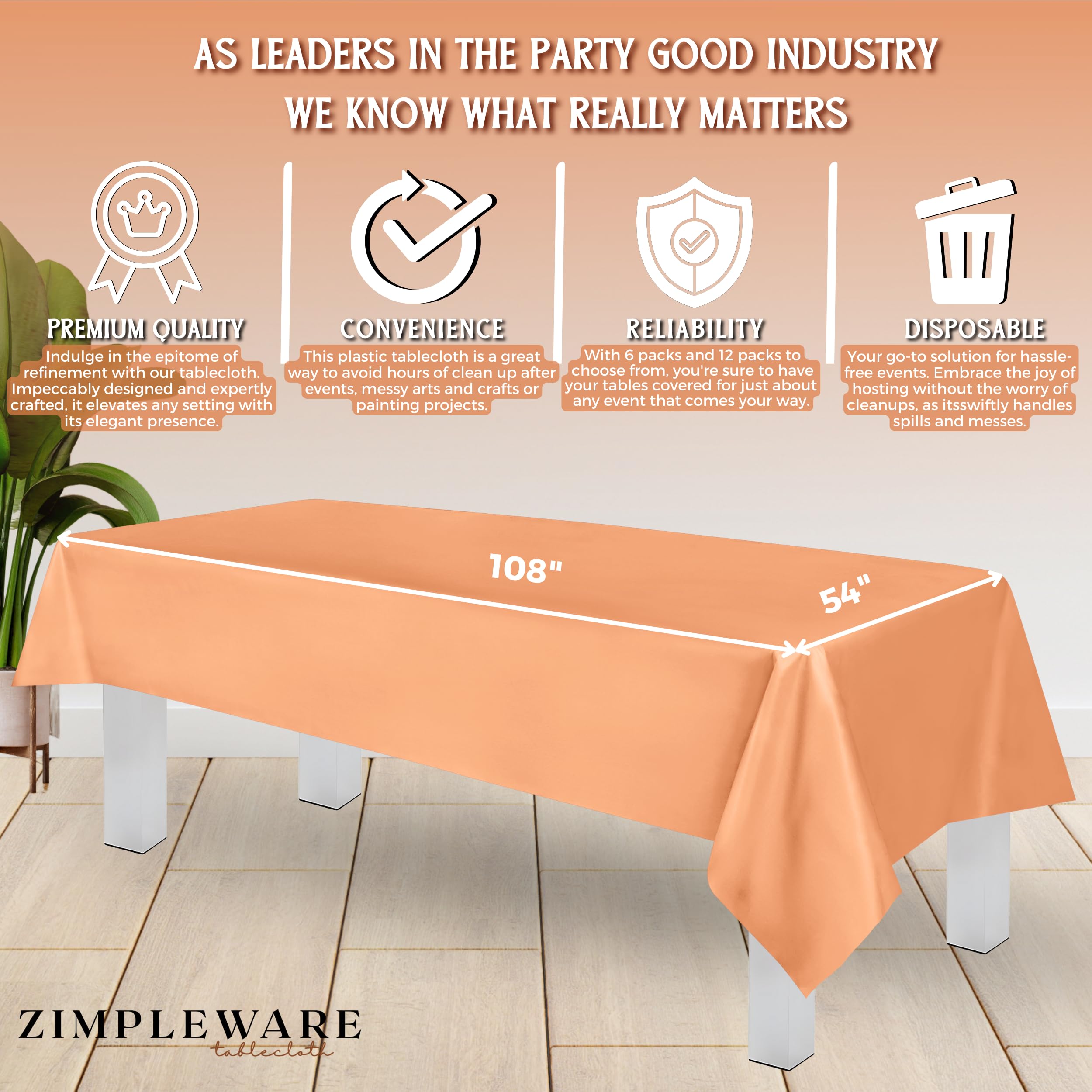 ZIMPLEWARE - Mantel de plástico desechable estándar para fiestas, para uso en interiores y exteriores, caja de 72, mantel rectangular de 137 x 274 cm, durazno