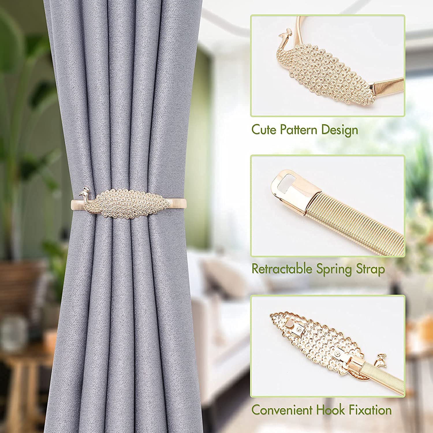 Lot de 2 Rideaux en Corde à Ressort Pratiques décoratifs en Alliage drapé retenues Modernes Style Simple embrasses pour Rideaux Fins (Lot de 4 | peacockgold)