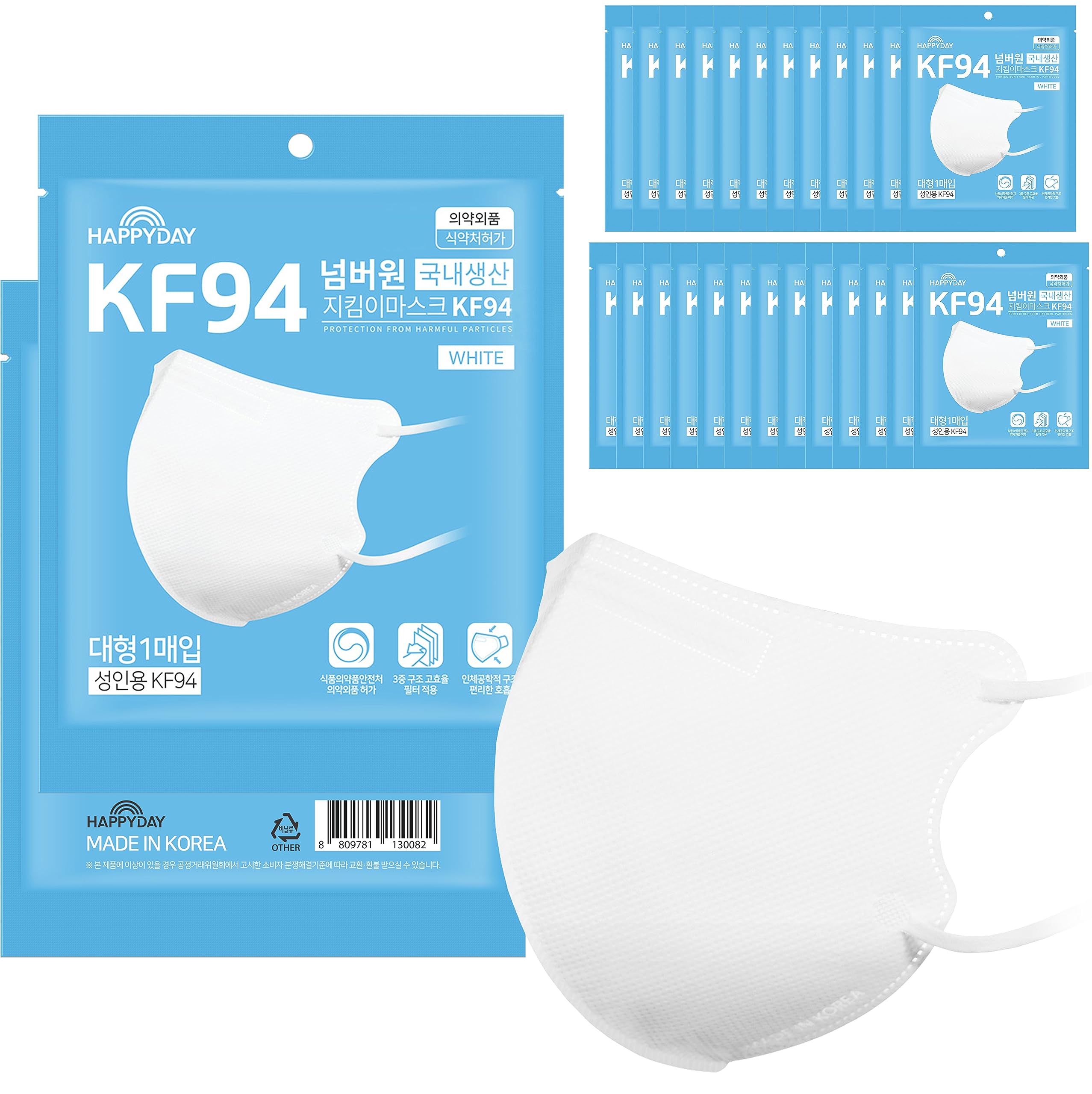 HAPPYDAY A Set of 25 Packages Made in KOREA 2D KF94 White Face Mask for Adult