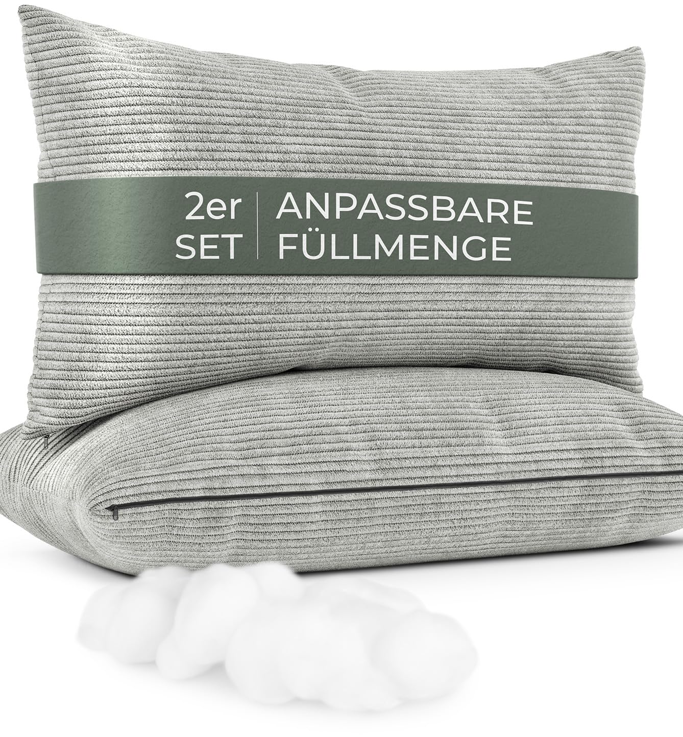Sofakissen mit Füllung und Bezug 2er Set [extra bauschig] Cord Couchkissen groß 40x70 cm mit regulierbarer Dicke, Zierkissen Kord Bezug, Dekokissen für Sofa und Couch, hellgrau, Kordsamt Kissenbezug