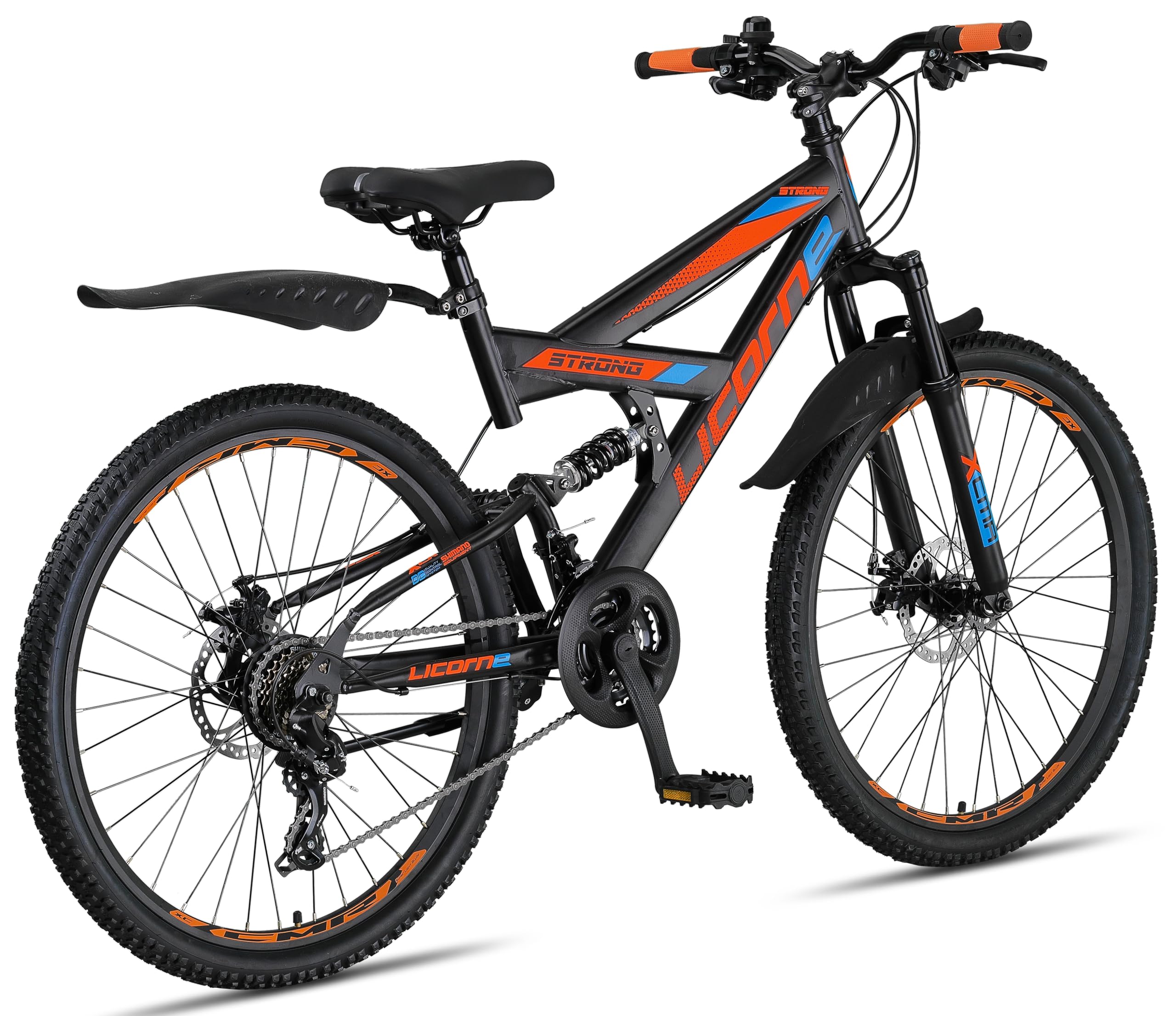 Licorne Bike Strong 2D Premium Mountain Bike in 26, 27,5 e 29 pollici, bicicletta per ragazzi, ragazze, donne e uomini, freno a disco anteriore e posteriore, cambio a 21 marce, sospensione completa