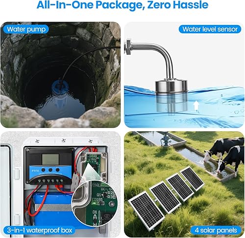 Miniatura 7 de Kit de bomba de pozo solar con sensor de nivel de agua para recarga automática, bomba sumergible+cuatro paneles solares con soporte fijo+caja
