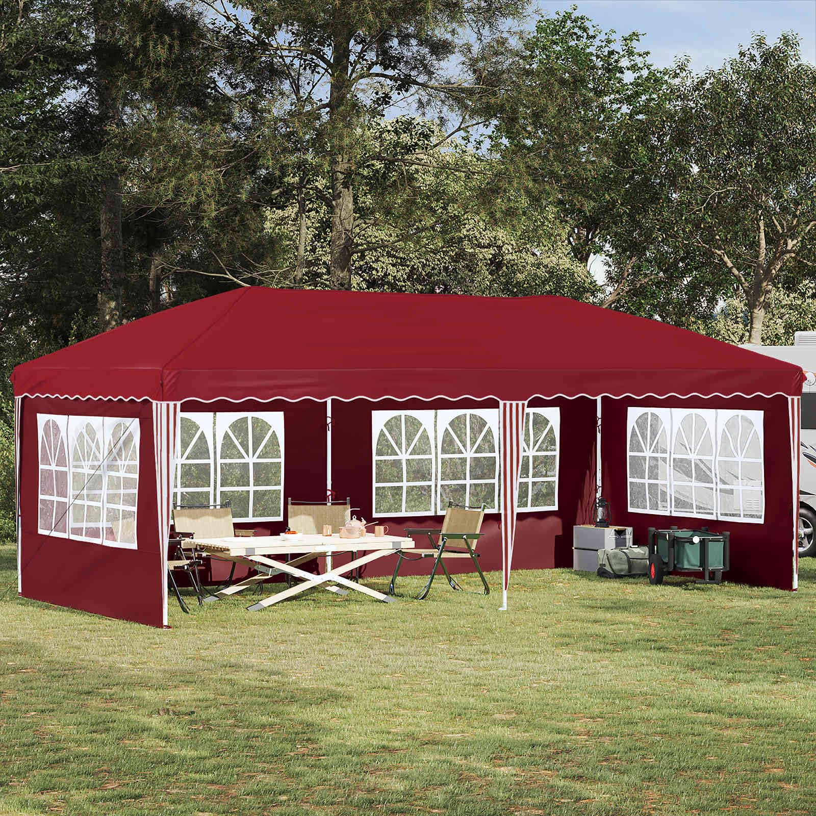 Pop-up namiot imprezowy bordowy o wymiarach 575 x 289 x 245 cm, składany namiot ogrodowy z 4 ściankami bocznymi, odporny na promieniowanie UV i warunki atmosferyczne, malowana proszkowo