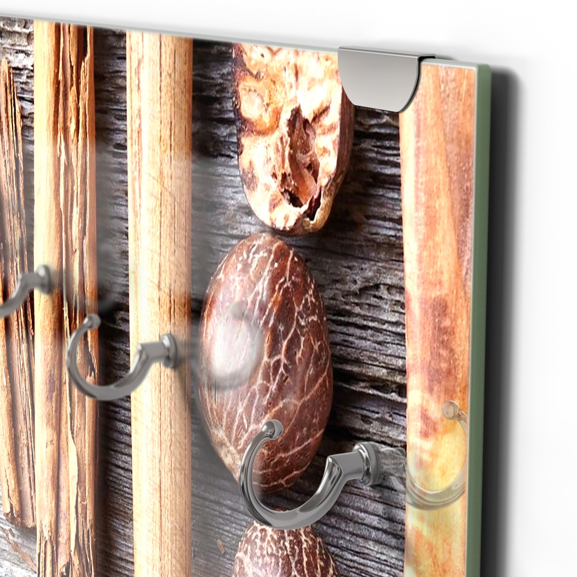 DEQORI Wieszak na ubrania ze szkła z nadrukiem motywu | wzór pionowy, 50 x 125 cm | motyw zdobiona łyżka kuchenna | szkło bezpieczne ESG z 7 haczykami – możliwość pisania i łatwe w montażu – łatwe w