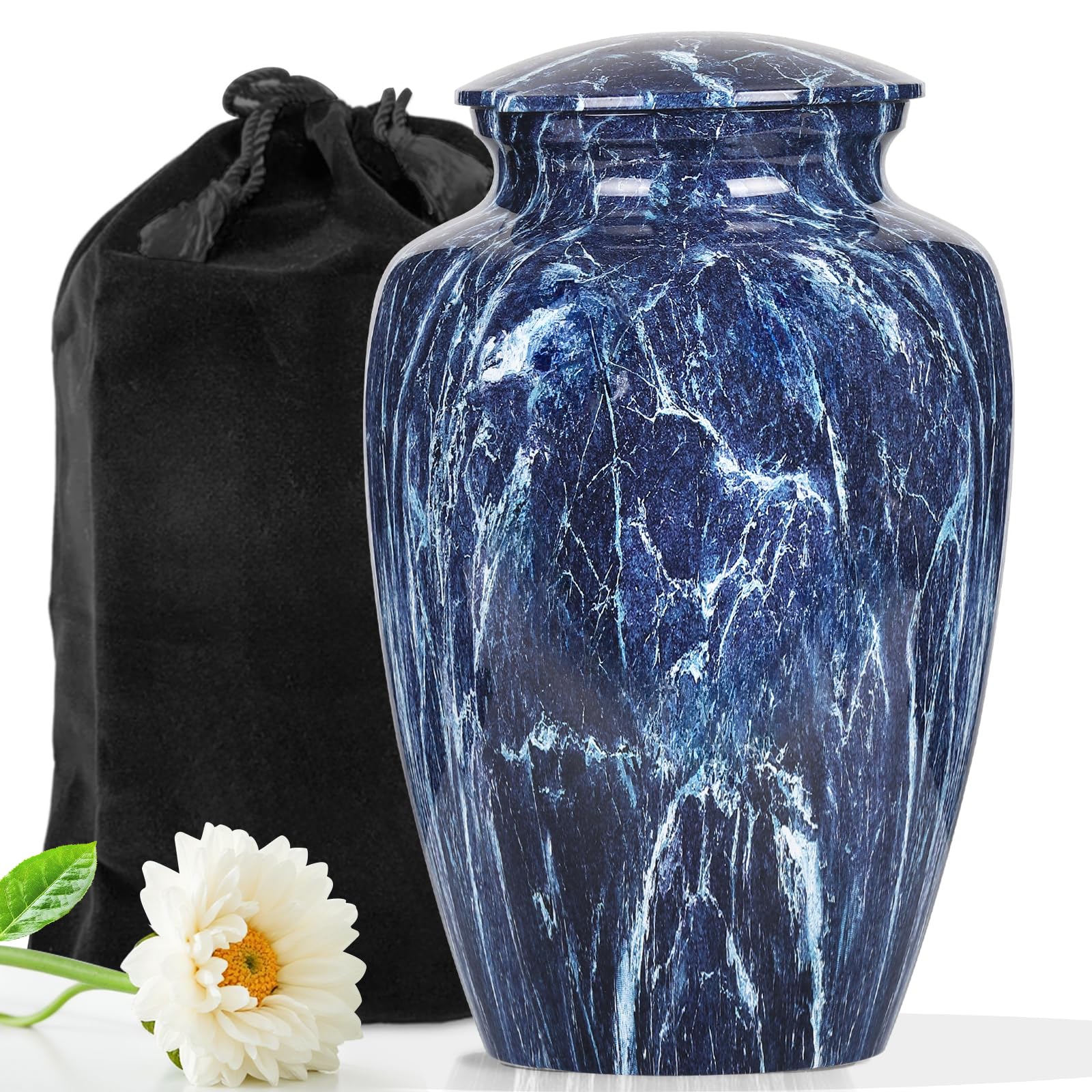 Urn for Human Ashes Adult Female and Male, Premium Blue Marble Texture Cremation Urns for Human Ashes, Decorative Burial Urn with Velvet Bag, Aluminum Alloy Funeral Cremation Urns for Women and Men.