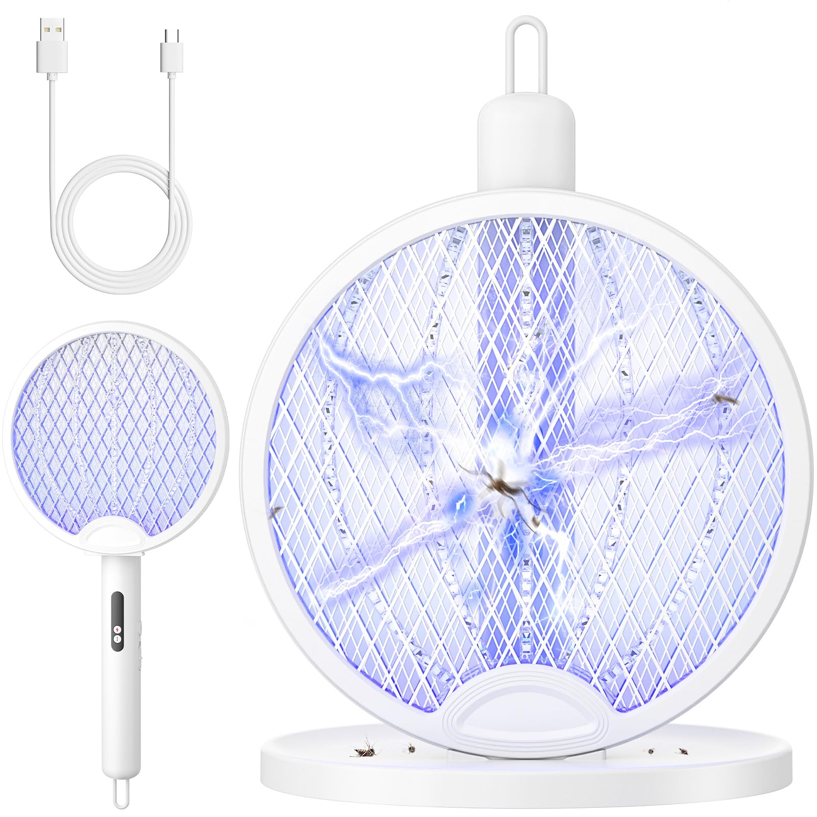 YISSVIC Raqueta Mosquitos Electrica Mata Mosquitos Electrico Plegable 3 en 1 4000V 1800mAh con Base Recargable USB-C Matamoscas Electrico de Luz UV para Mata Mosquitos, Polillas y Hormigas Voladoras - 1