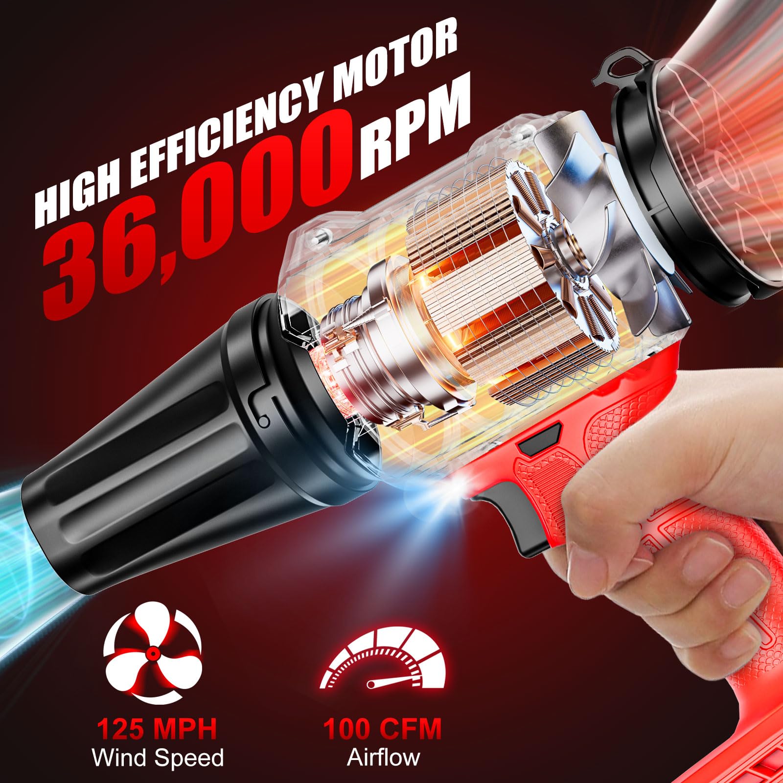 Soplador de hojas inalámbrico compatible con batería Milwaukee de 18 V, motor sin escobillas (solo herramienta), mini sopladores de jardín de velocidad variable de 36,000 RPM con LED + 2 boquillas