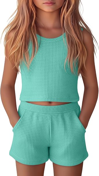 Girls 2 Piece Summer Outfits Waffle Set Scoop Neck Sleeveless Tank Tops Casual Teen Kids Shorts Set with Pockets