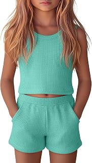 Girls' 2 Piece Summer Waffle Outfits | Teen Sleeveless Tank Tops, Kids Casual Shorts Sets, Scoop Neck Summer Clothes, 5-14 Years, with Pockets, Comfort Fabric