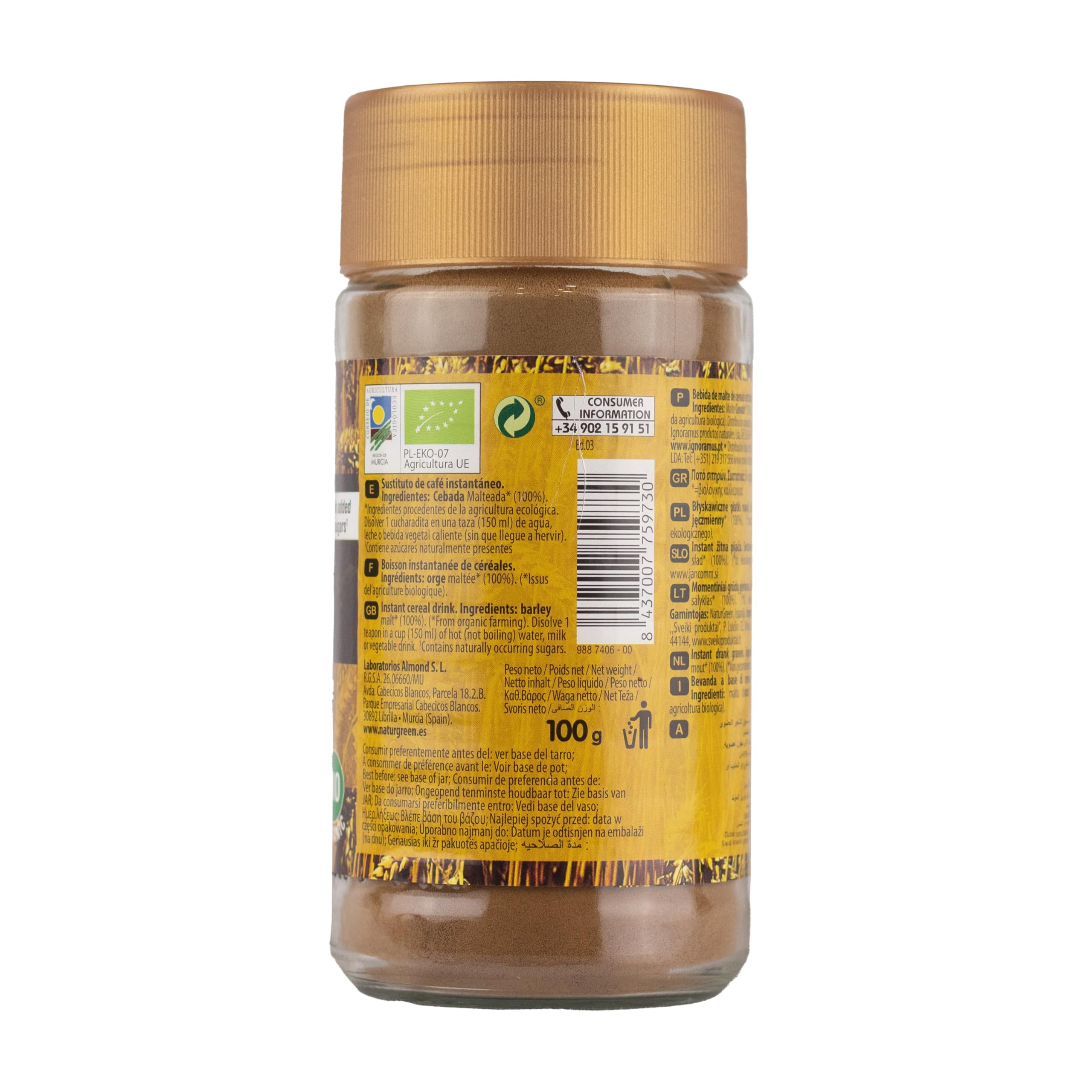NaturGreen - BioMalta Instantánea Ecológica, Pack 6 x 100 g, Malta Soluble Bio en Polvo, Bebida de Cebada Malteada 100% Vegetal, Alternativa al Café, Sin Cafeína, Sin Lactosa, Sin Azúcar Añadido