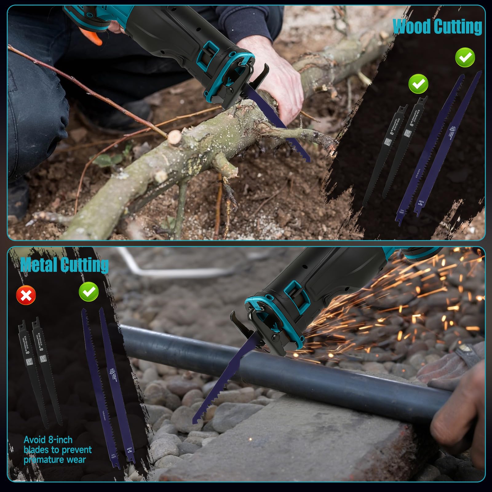 Scie sabre sans fil compatible avec batterie Makita 18 V, scie sabre sans balais avec 3500 tr/min et 4 lames de scie, régulateur de vitesse en continu, pour couper le métal, le bois, le plastique