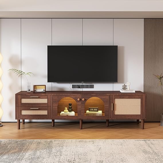 Merax LED TV Stand for TVs up to 80", Boho Entertainment Center with Rattan Decor, Multi-Functional Media Console & 3 Storage Cabinets and 2 Drawers for Living Room, Bedroom, Home Theatre, Dark Brown