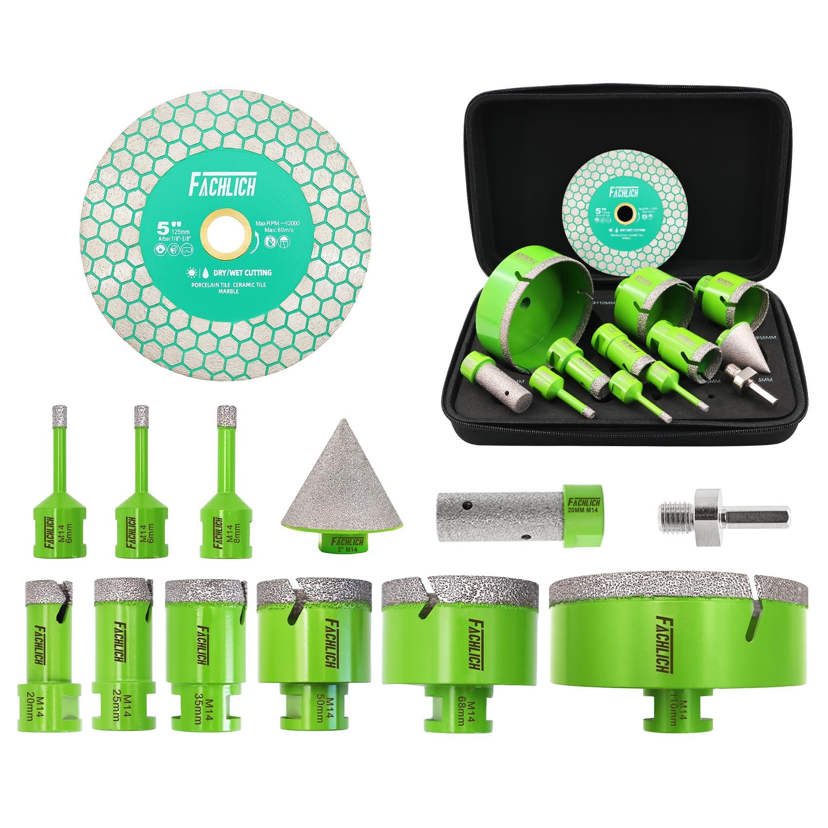 Diamant Fliesenbohrer Set Lochsäge - 12 Stück (6/6/8/20/25/35/50/68/110mm+20mm Fingerfräser+50mm Fasenbohrer+Adapter+125mm Trennscheibe) Lochsäge Set M14 Gewinde für Fliesen Marmor Granit