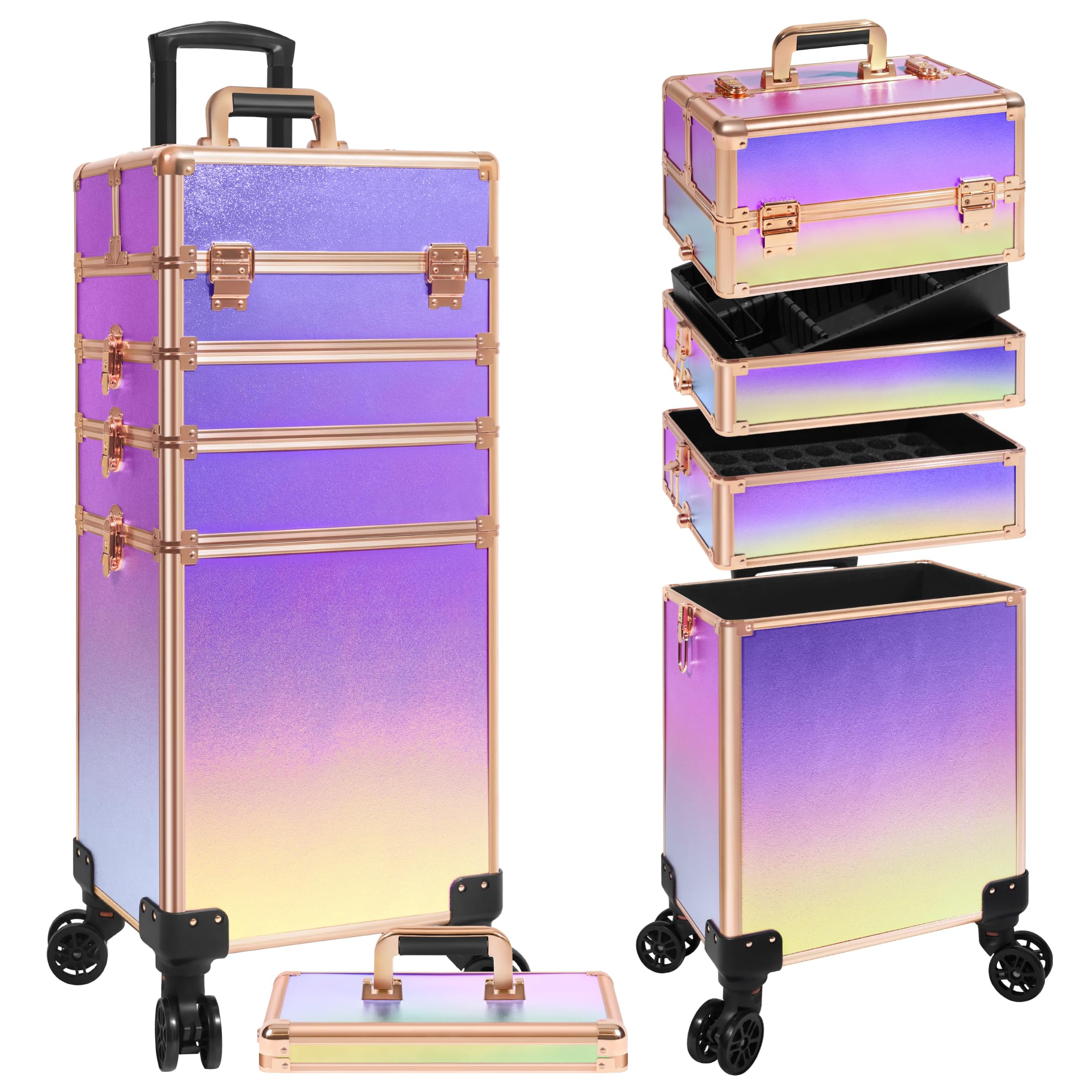 JINGUAN Profesional Rolling Makeup Train Case with Lid, 5 in 1 Cosmetology Case on Wheels, Large Cosmetic Trolley Organizer Travel for Hairstylist