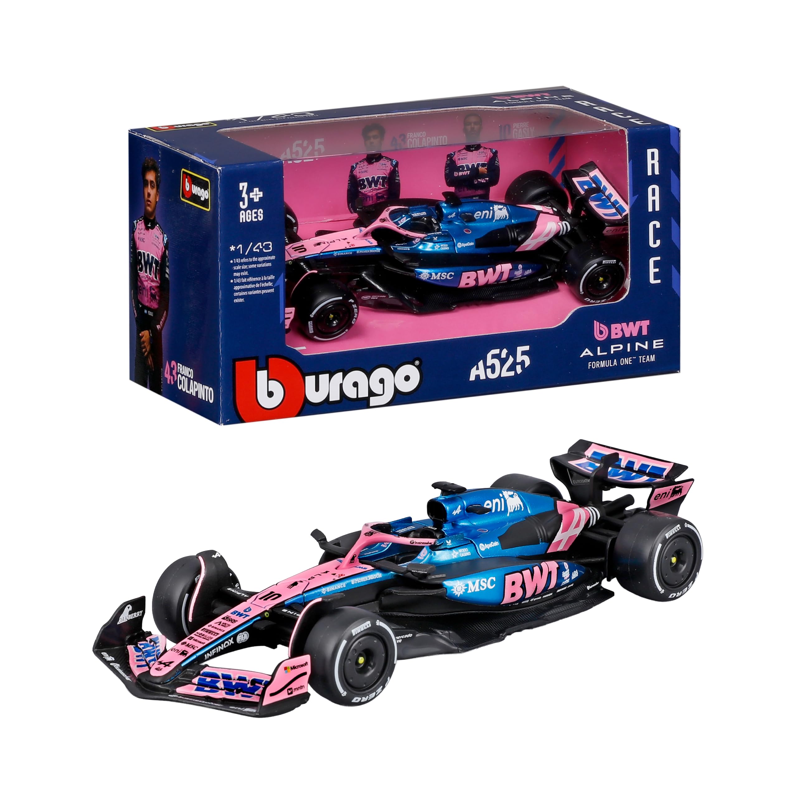 Bburago - F1 BWT Alpine A525 2025#10 Gasly, Auto Diecast in Scala 1:43 con Dettagli Autentici, Replica F1 Alpine, Livrea Blu/Rosa, Licenza Ufficiale, Età Consigliata 3+ Anni
