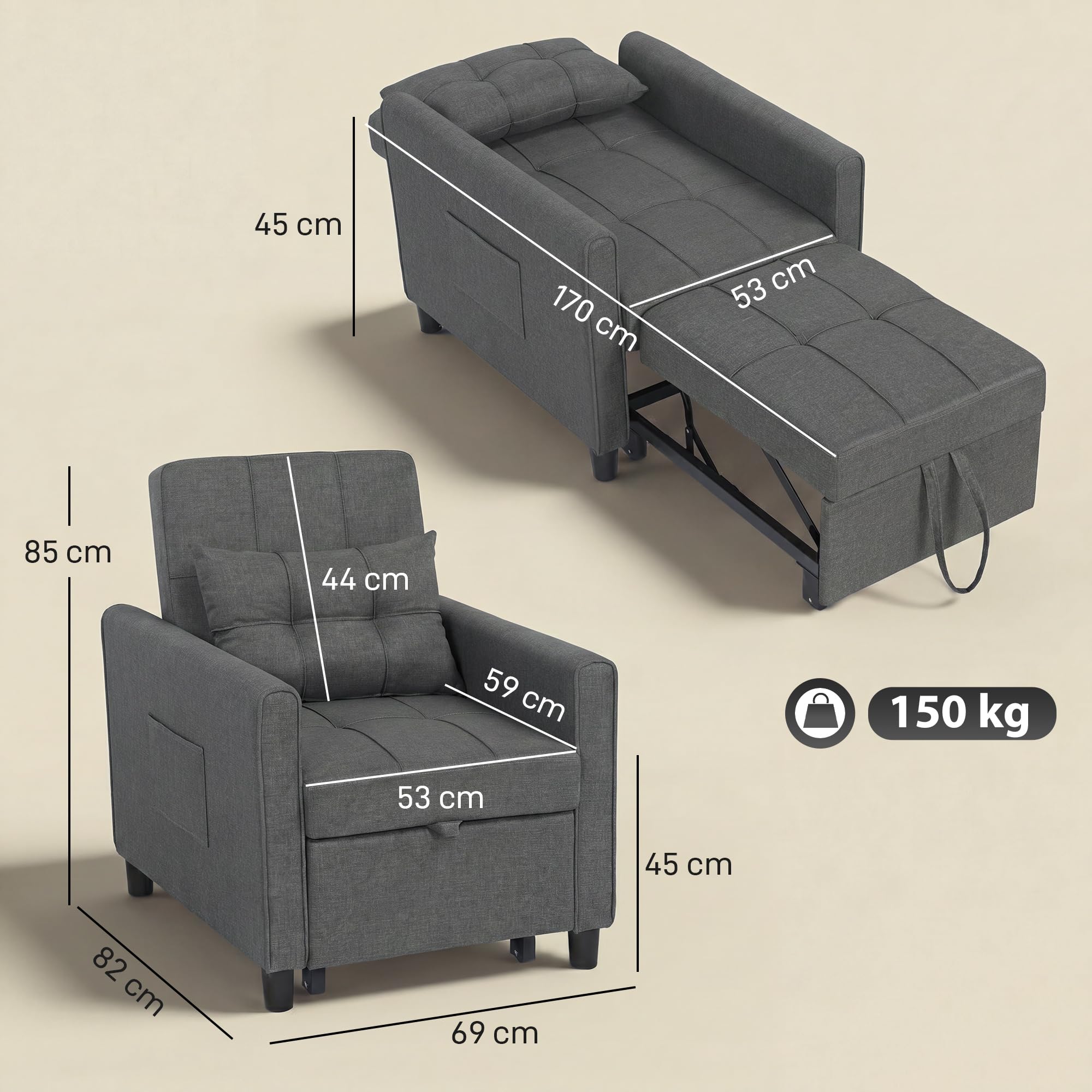 HOMCOM Poltrona Letto Singolo 3 in 1 Pieghevole, Schienale Regolabile 3 Posizioni, Cuscino, Divano Letto Imbottito Salvaspazio in Tessuto Effetto Lino e Legno con Ruote, Tasche, 69x82x85cm, Grigio