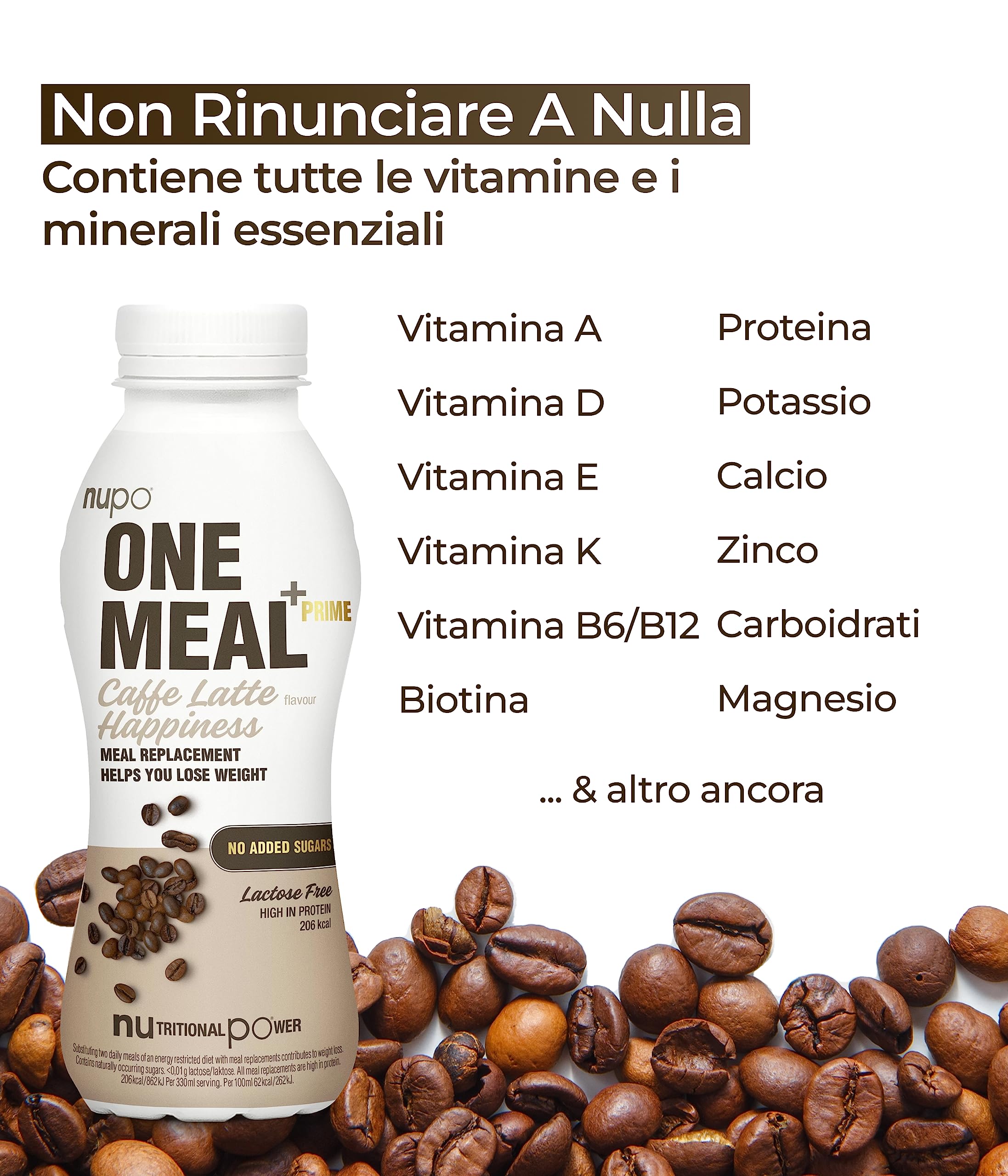 NUPO One Meal +Prime Caffè Latte - Ready-to-Drink Shake - Gustoso frullato sostitutivo del pasto con 24 vitamine e minerali - Alto contenuto proteico - Senza zuccheri aggiunti - 12 x 330ml