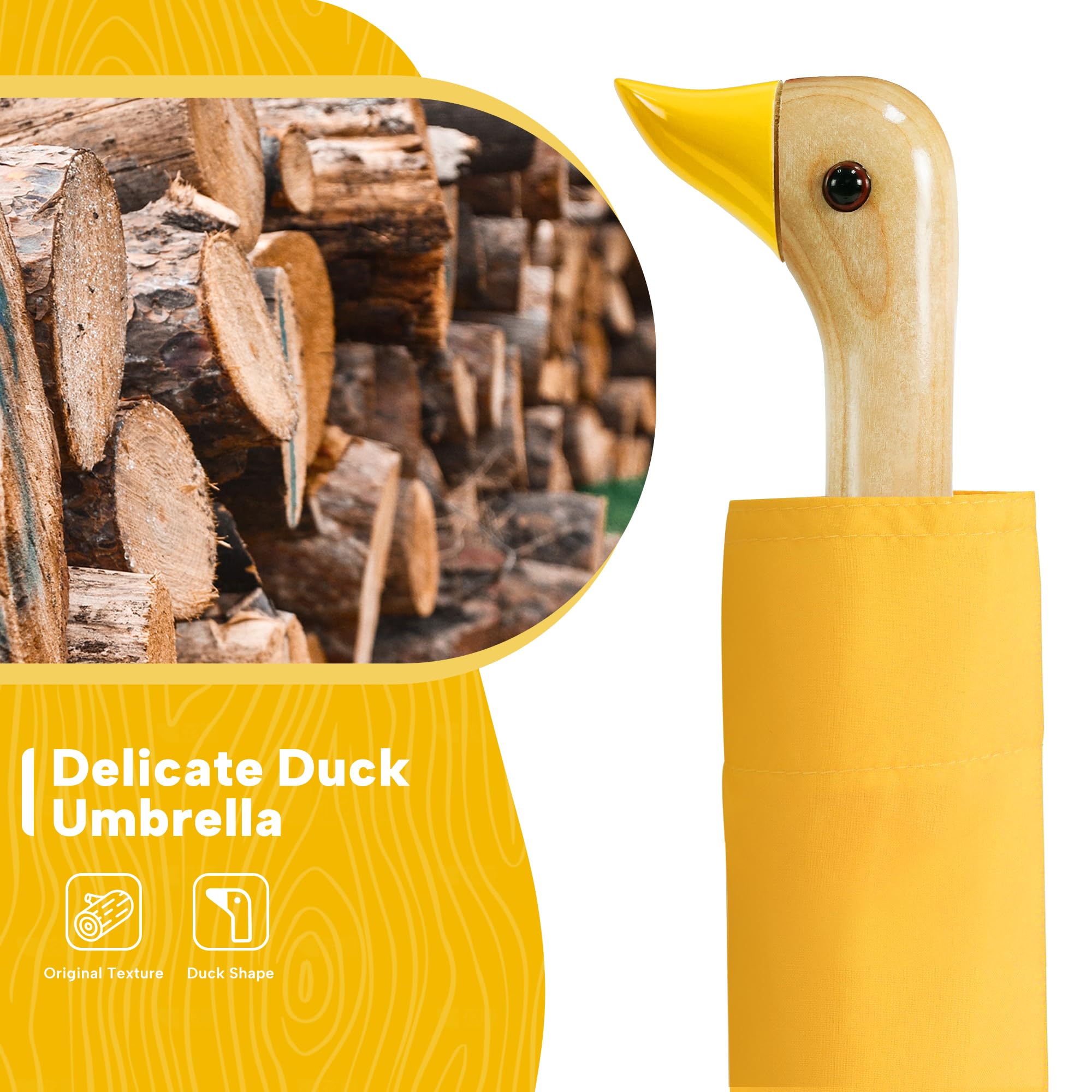 Paraguas pequeñas compactas para lluvia y sol, paraguas de cabeza de pato de diseño lindo para regalos de niñas, paraguas plegable de 8 varillas con mango de madera, 01. Amarillo 6