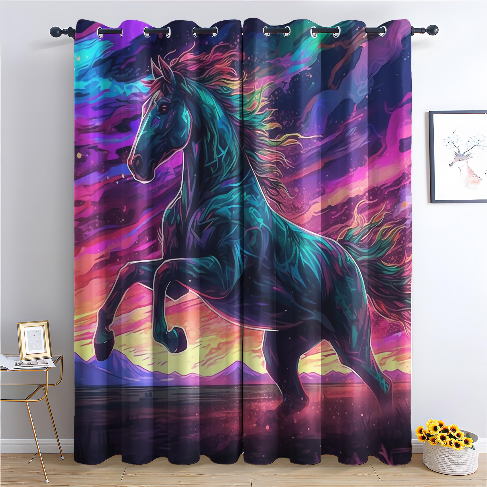 Zcwl Horse Curtains For Bedroom Living Room, Animal Colorful Patterned Blackout Curtains, Thermal Insulated Eyelet Curtain, 72 Drop Window Treatments Drapes, 66X72 Inch (W X L), 2 Panels