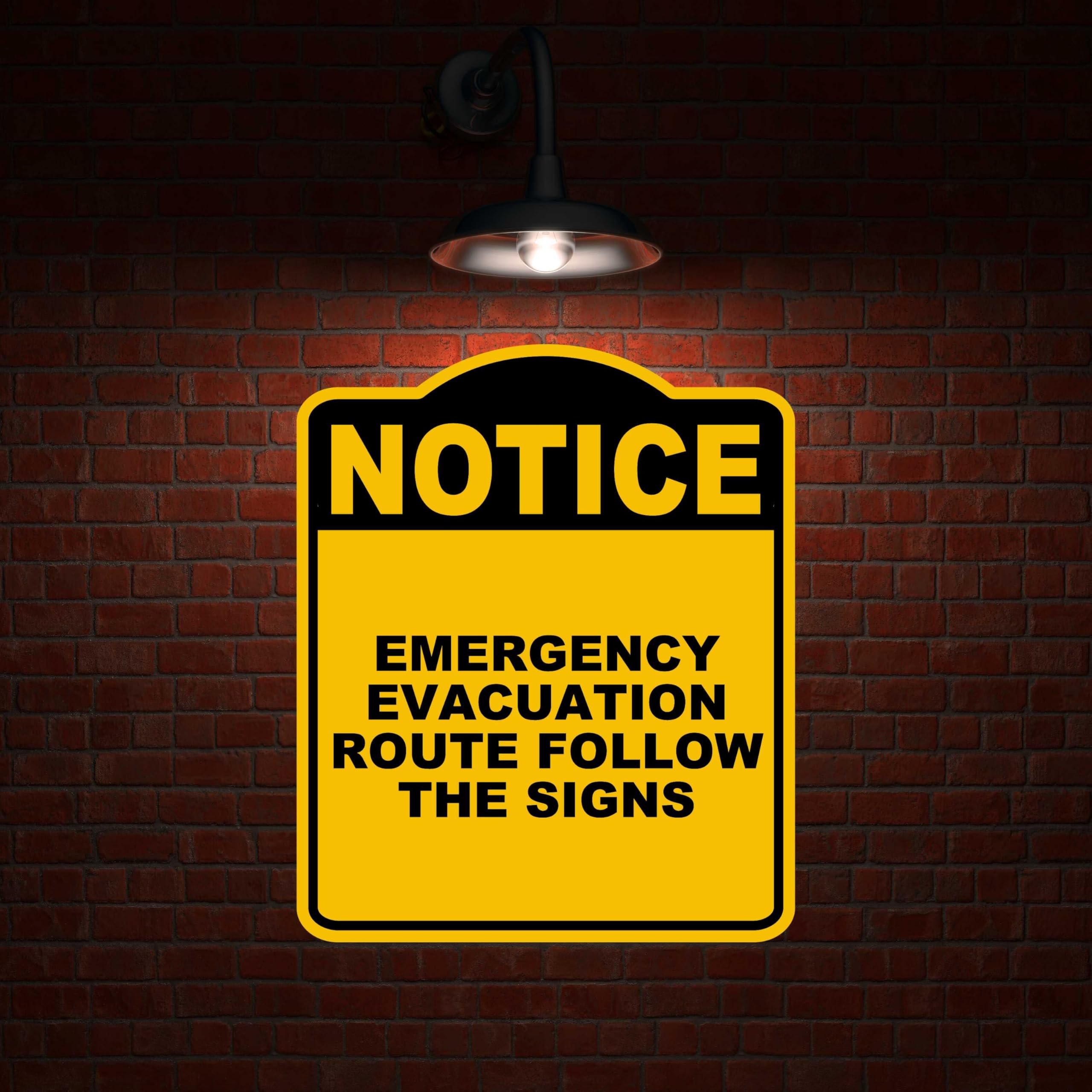 EMERGENCY EVACUATION ROUTE FOLLOW THE SIGNS Notice Yellow Black Aluminum Composite Sign 8.5 x 10 inches