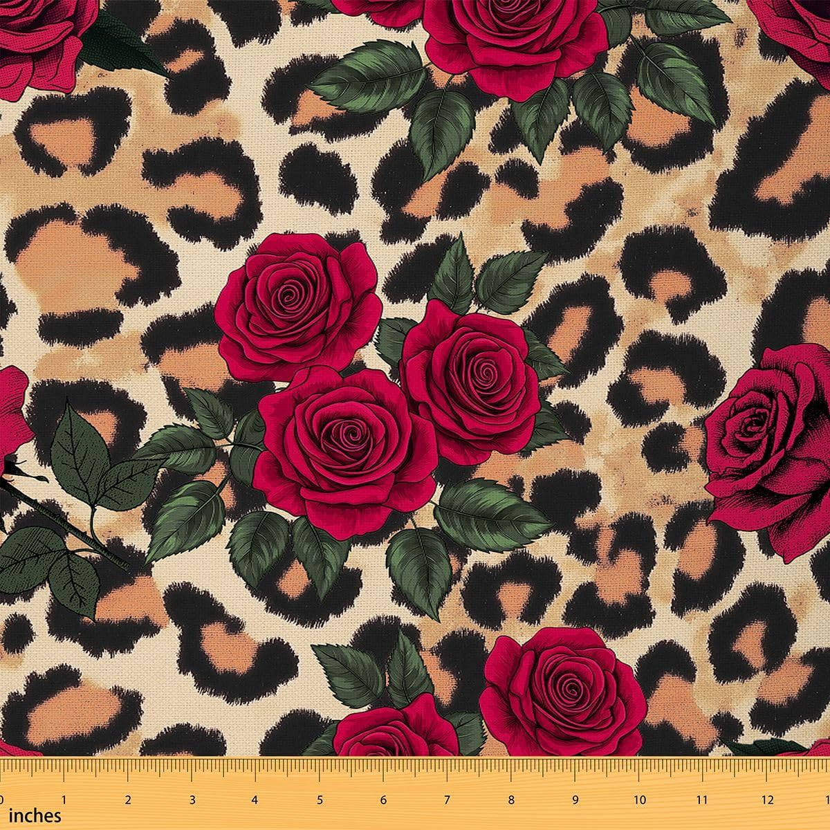 Erosebridal Rose Flower Fabric by The Yard - Kids, Girls, Women, Leopard Print, 3D Red Floral Petal Decorative, Cheetah Animal Skin Quilting Fabric, Brown, 3 Yards