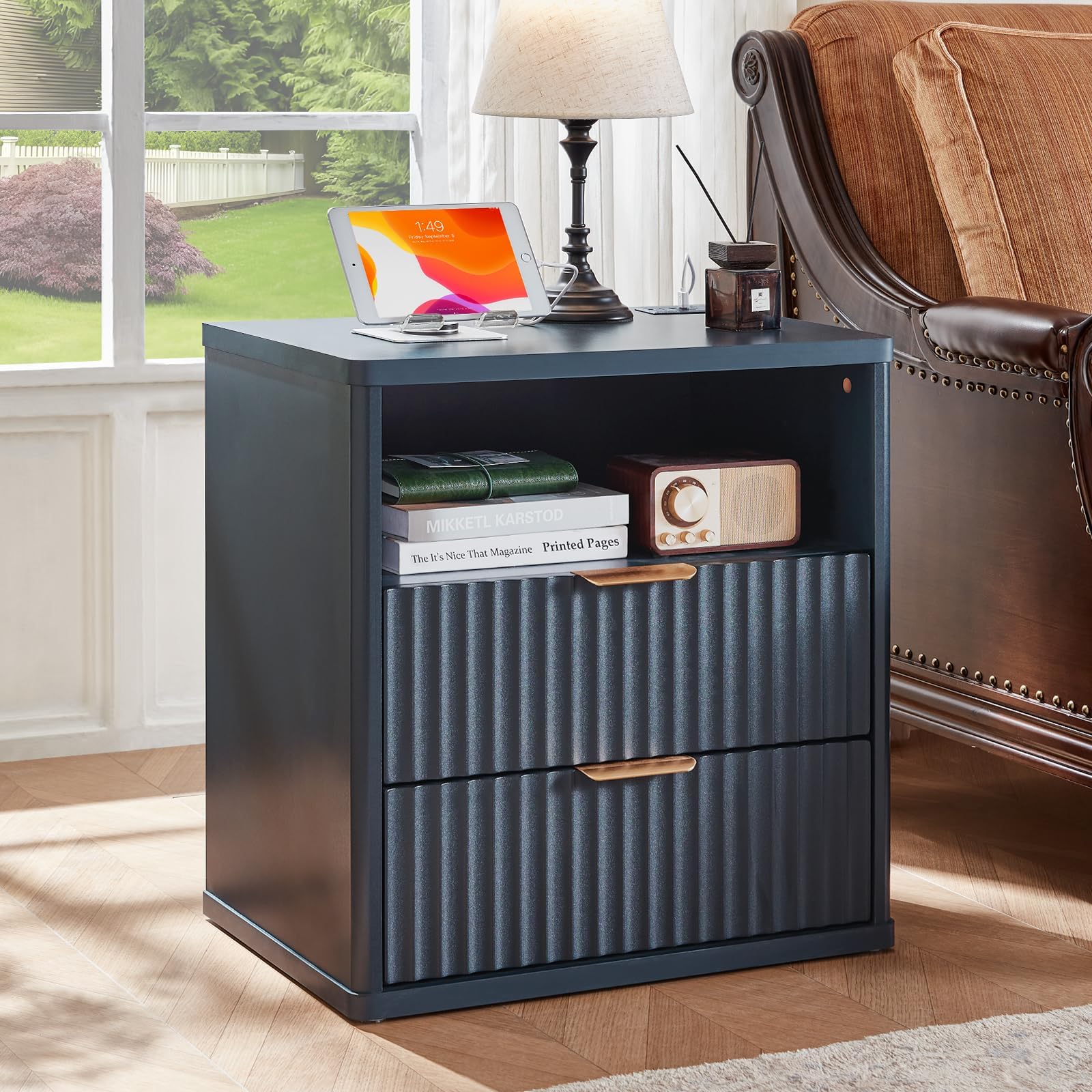 H15K5 2300 CHERRY NIGHT STAND 猫脚 ナイトスタンド Lerliuo Fluted Nightstand with Charging Station, 23