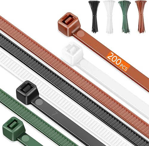 Bridas para cables de 8 pulgadas, 200 unidades, PA66 resistente con resistencia a la tracción de 42 libras, ataduras de nailon autoblocantes