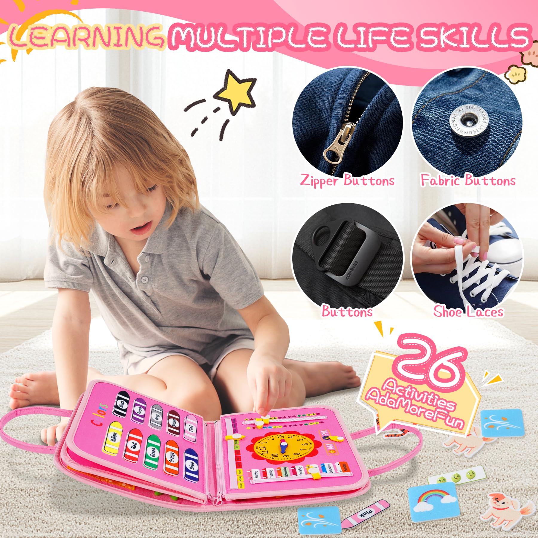 Busy Board Giochi Montessori 1 Anno - Libro Montessori Interattivo in Feltro, Pannello Sensoriale Educativo per Bambini - Giochi Bambini 2 Anni, Regalo Bimbo Bimba Compleanno (rosa)