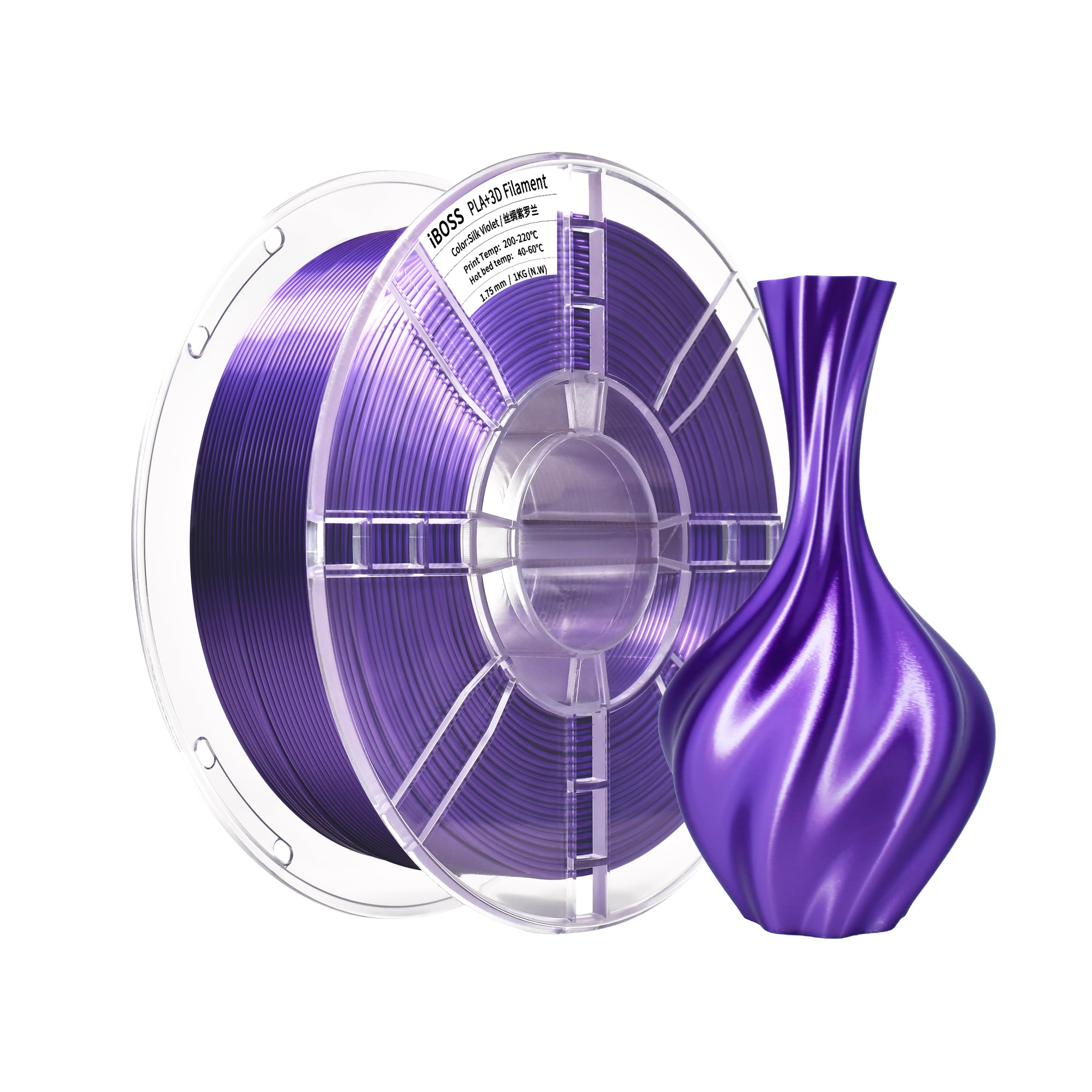 iBOSS Silk PLA+ filament 1,75 mm, gładki i błyszczący drut do drukarek 3D, dokładność wymiarowa ±0,02 mm, szpula 1 kg (2,2 funta), kompatybilny z większością drukarek 3D, Jedwabisty fiolet