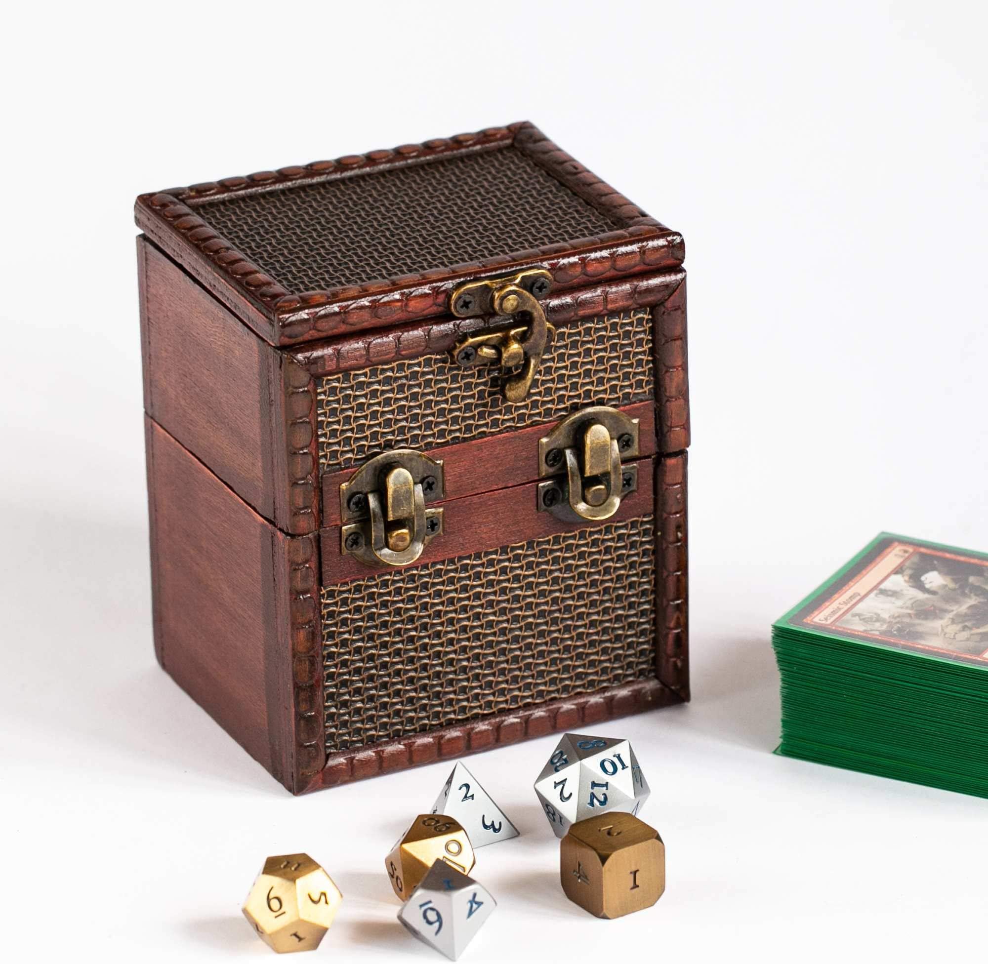 KakapopoTCG Elven Vault (Chainmail) Wooden Deck & Counter Box with Protector Storage for TCG, MTG Magic, FaB, YGO, EDH, Commander, Box, Dice