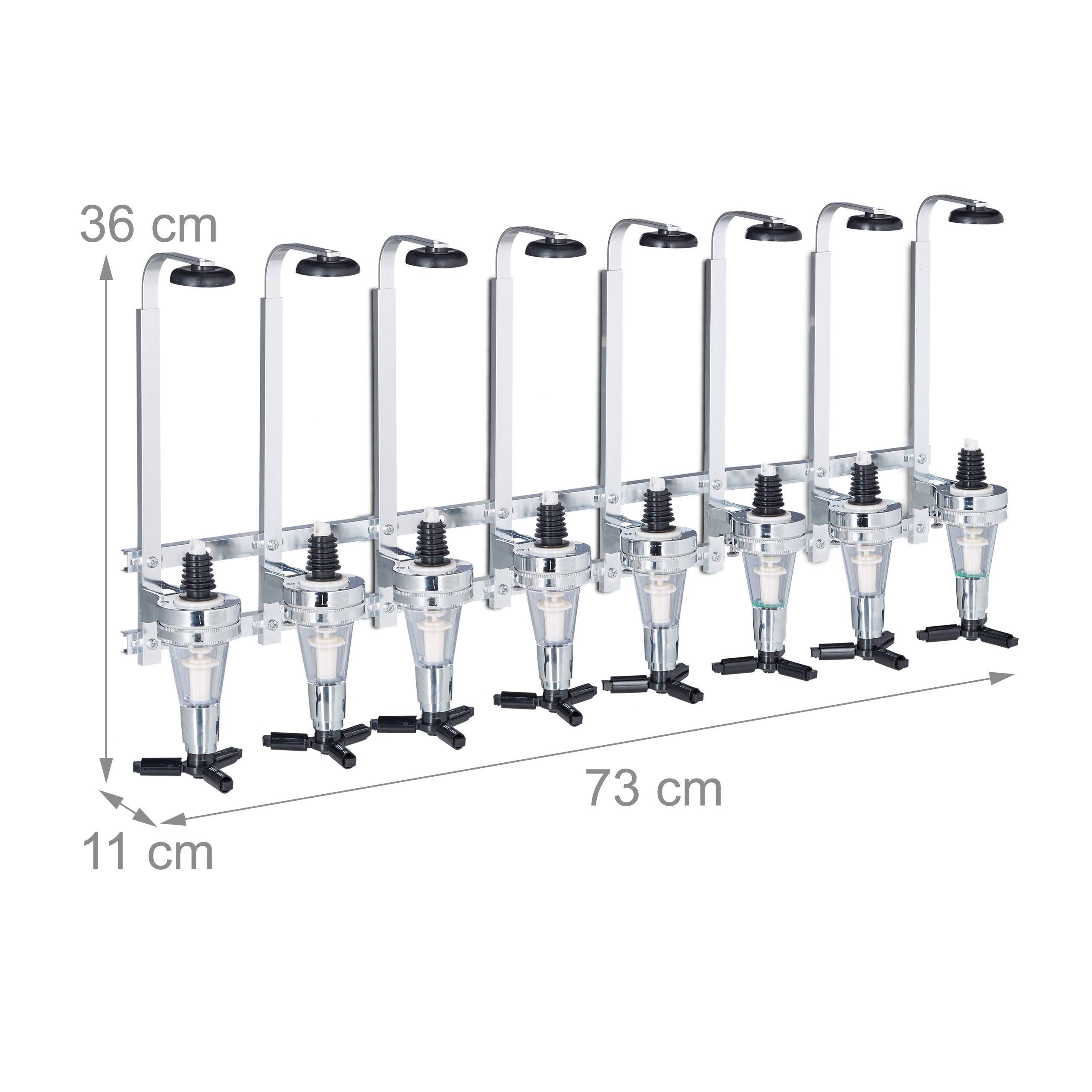 Relaxdays Barbutler Wand, Portonierer für 8 Flaschen, Profi Portionierer 3 cl, Bar Accessoire, HBT: 73x36x11 cm, silber