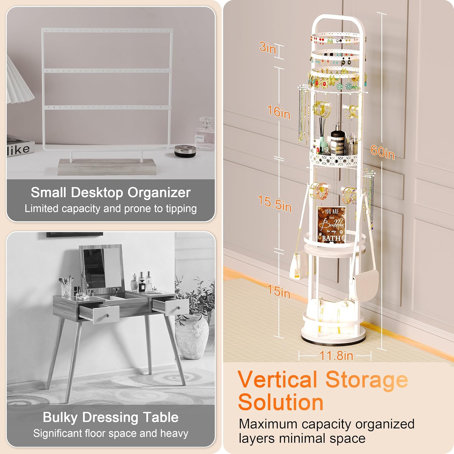 Floor Jewelry Organizer Stand, 360° Rotating Large Handing Jewelry Organizer for Display and Storage, Metal Jewelry Tree Organizer for Necklace, Earring, Bag, Jewelry Holder Organizer for Women