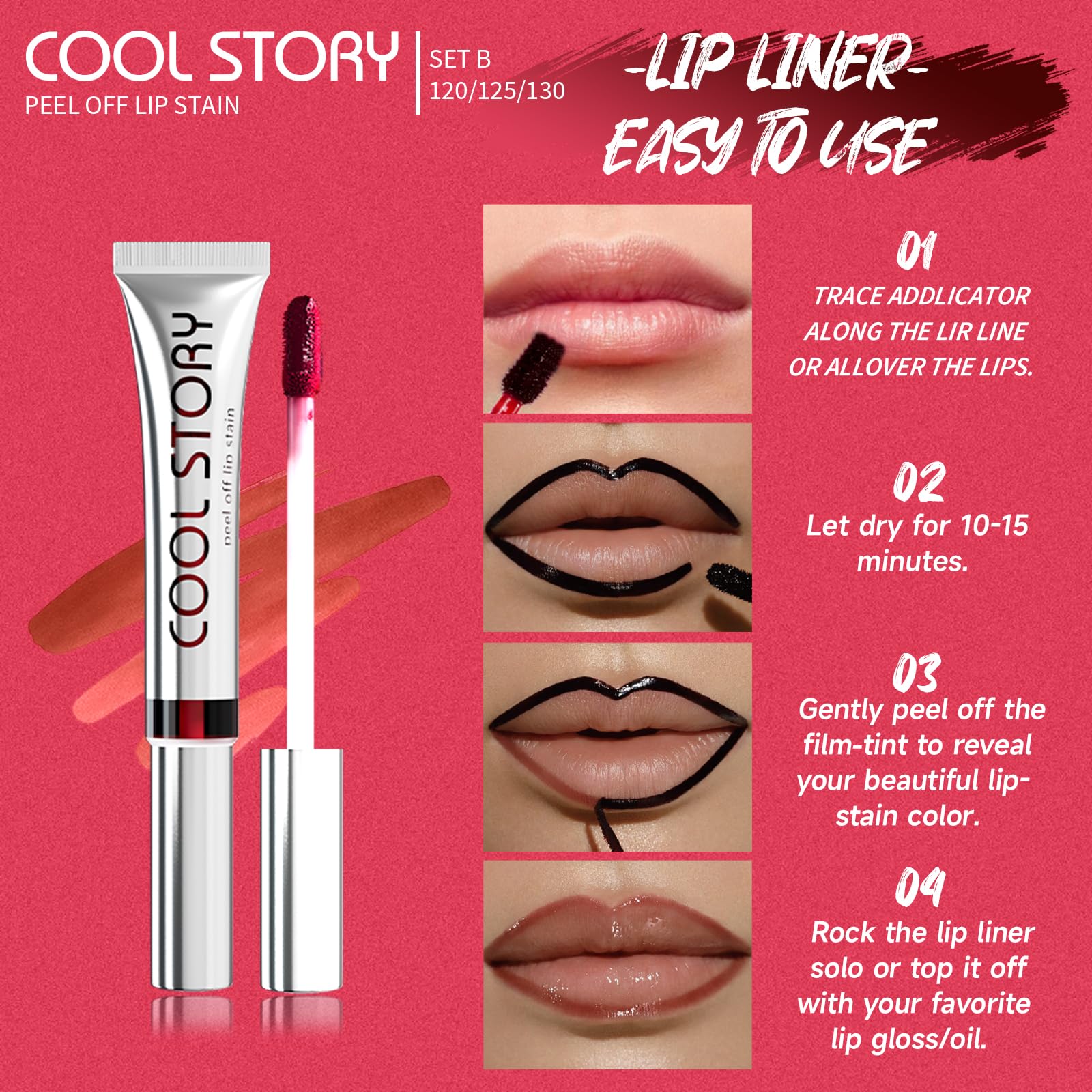3PCS Peel Off Lip Stain Lip Tint Set, Matte Lipstick & Lip Liner, Waterproof Long Lasting Peel Off Lip Gloss - Image 4