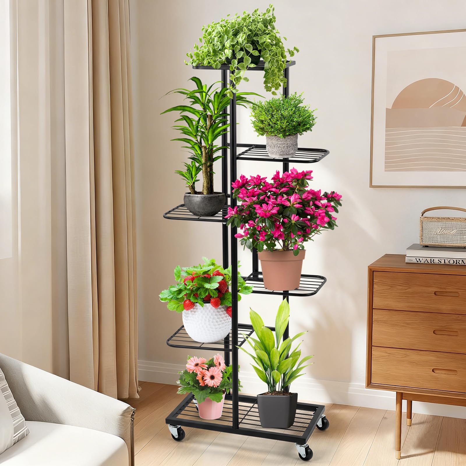 Support pour Plantes 6 Étagères, Étagère en Métal avec Roues, 108 cm de Hauteur, pour Intérieur et Extérieur, Noir