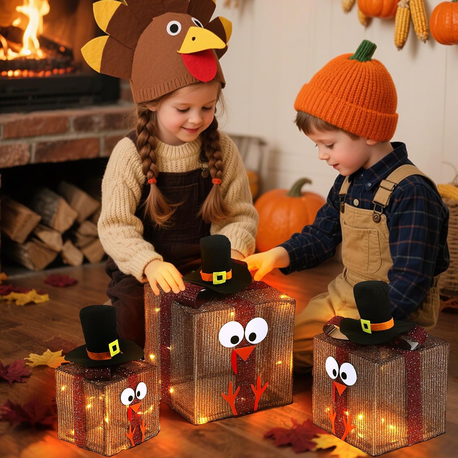 Epakh 3 Pack Lighted Turkey Outdoor Decor Thanksgiving Turkey Glowing Gift Box Glittering Thanksgiving Gift with Bow 60 LED Lights Present Boxes Decoration for Home Indoor and Outdoor Decor - Image 7