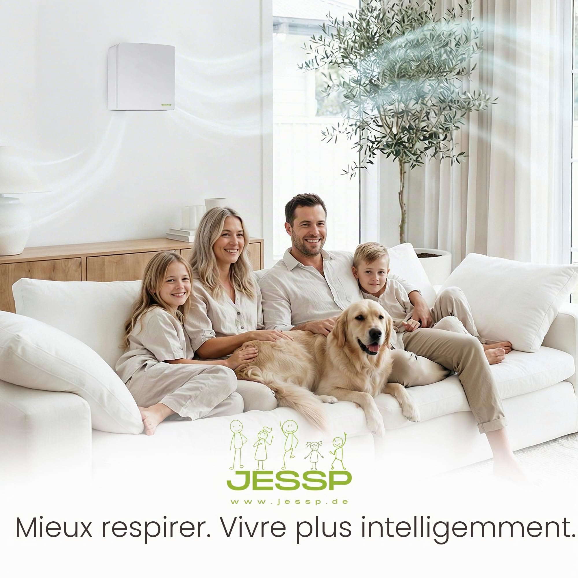 Aération décentralisée avec récupération de chaleur 97%, 60 m/h, filtre F7, WiFi, contrôle humidité, volet motorisé