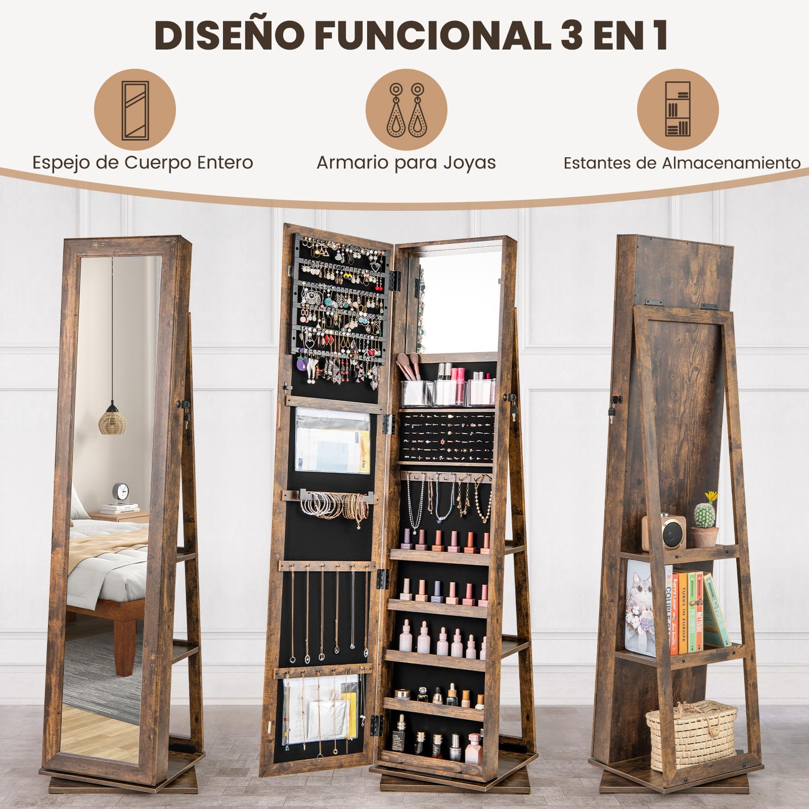 COSTWAY Armario para Joyas Giratorio 360°, Espejo Joyero de Pie con Estantes Traseros, Espejo de Maquillaje Integrado, 3 Cajas y 2 Bolsillos con Cremallera para Dormitorio (Marrón)