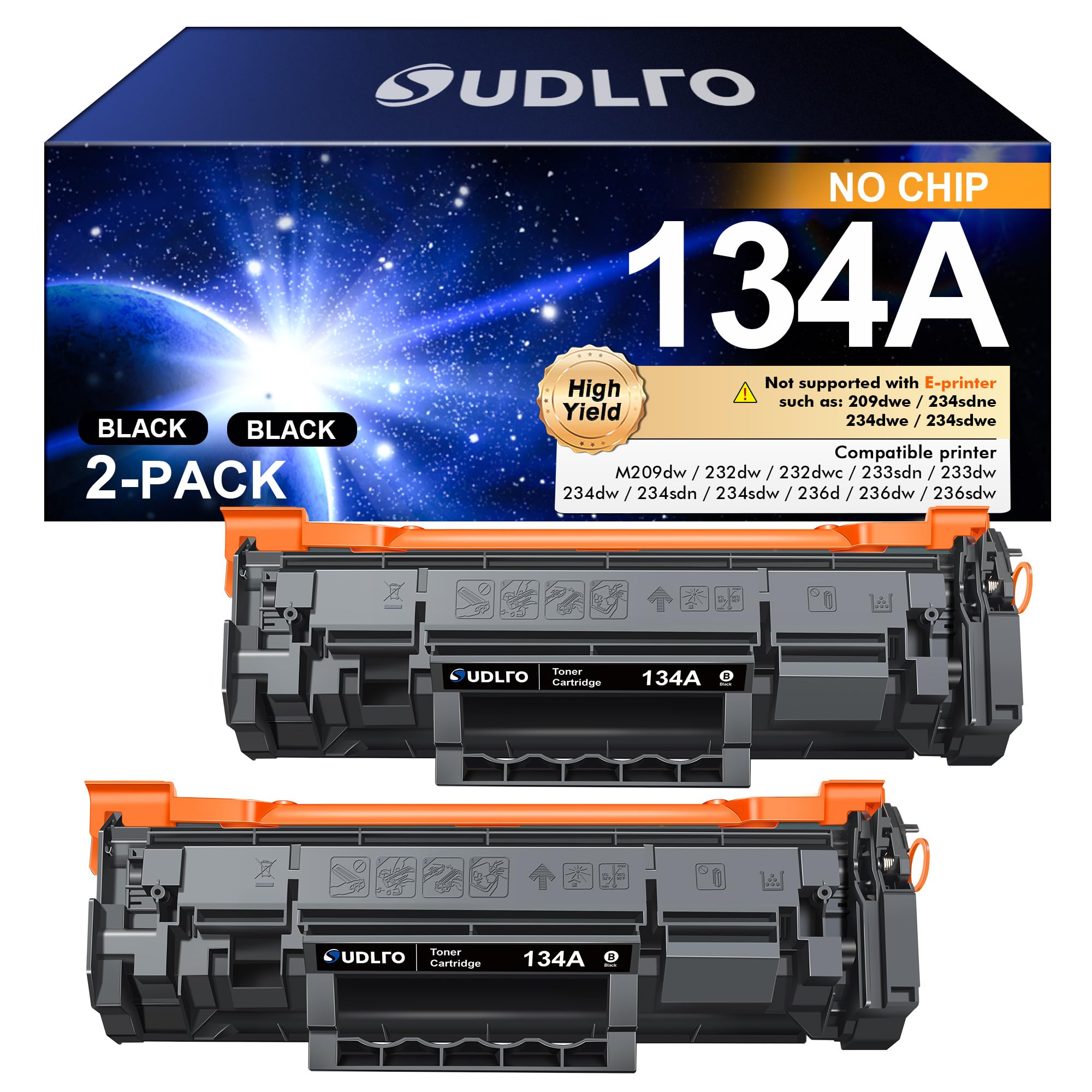 (No Chip) 134A Toner Cartridge Replacement for HP 134A Black Toner Cartridge W1340A 134X W1340X for HP LaserJet Pro M209dw 232dw 232dwc 233sdn 233dw 234dw 234sdw 236dw 236sdw Series Printer, 2 Packs