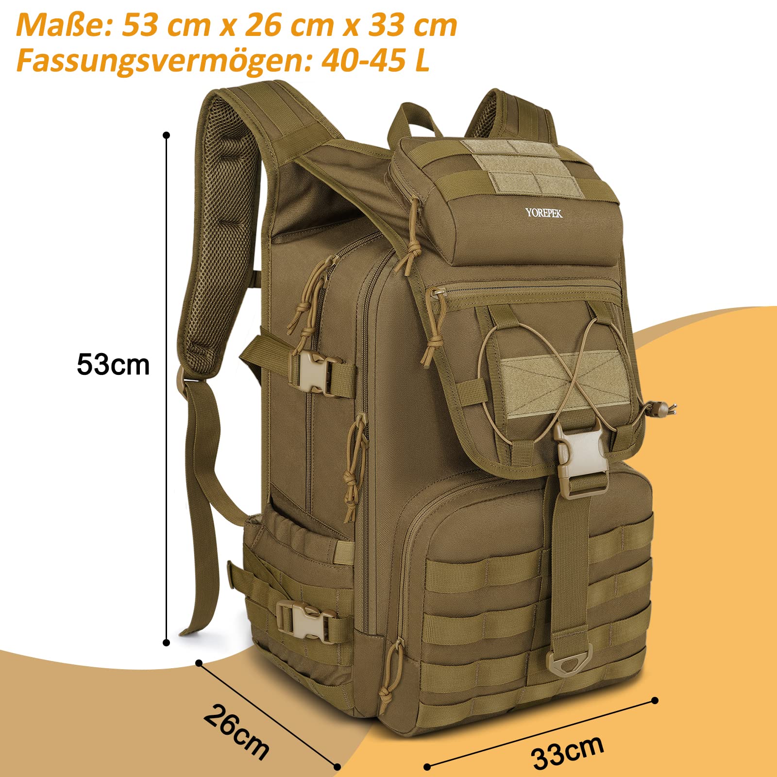 YOREPEK 50L Militär Rucksack, Groß Taktischer Rucksack, Wanderrucksack Herren Bundeswehr Outdoor Arbeit Survival Wasserdicht Travel Assault Tactical Backpack für Trekking Camping Reisen Jagd
