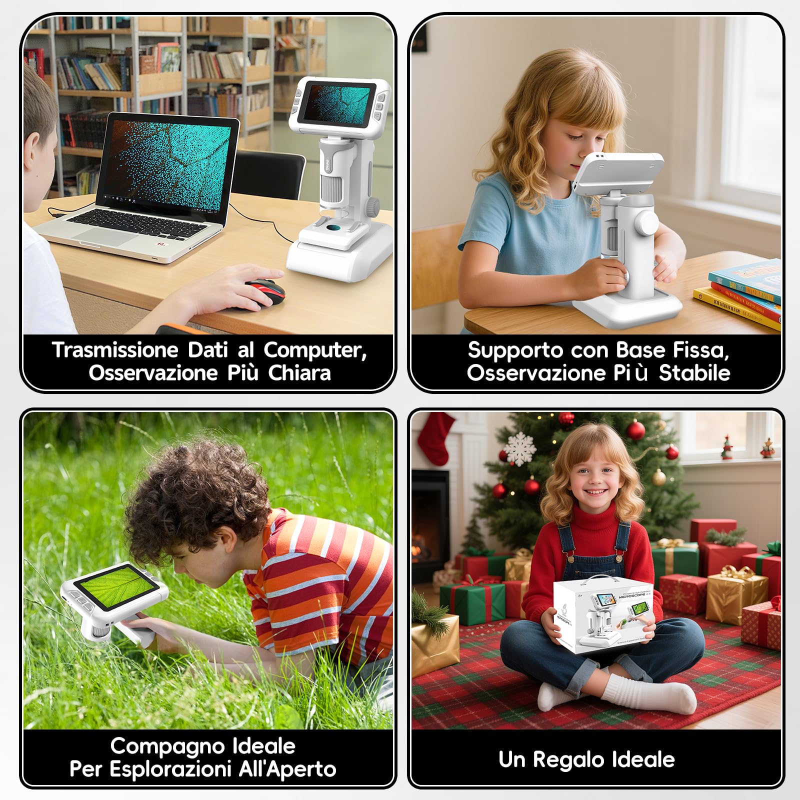 Charmofun Microscopio Bambini, Microscopio Digitale con Scheda di Memoria da 64GB, Microscopios Portatile Bambini con Schermo LCD 4", Ingrandimento 1600X, Foto e Video, Funzione Portatile e Fissa