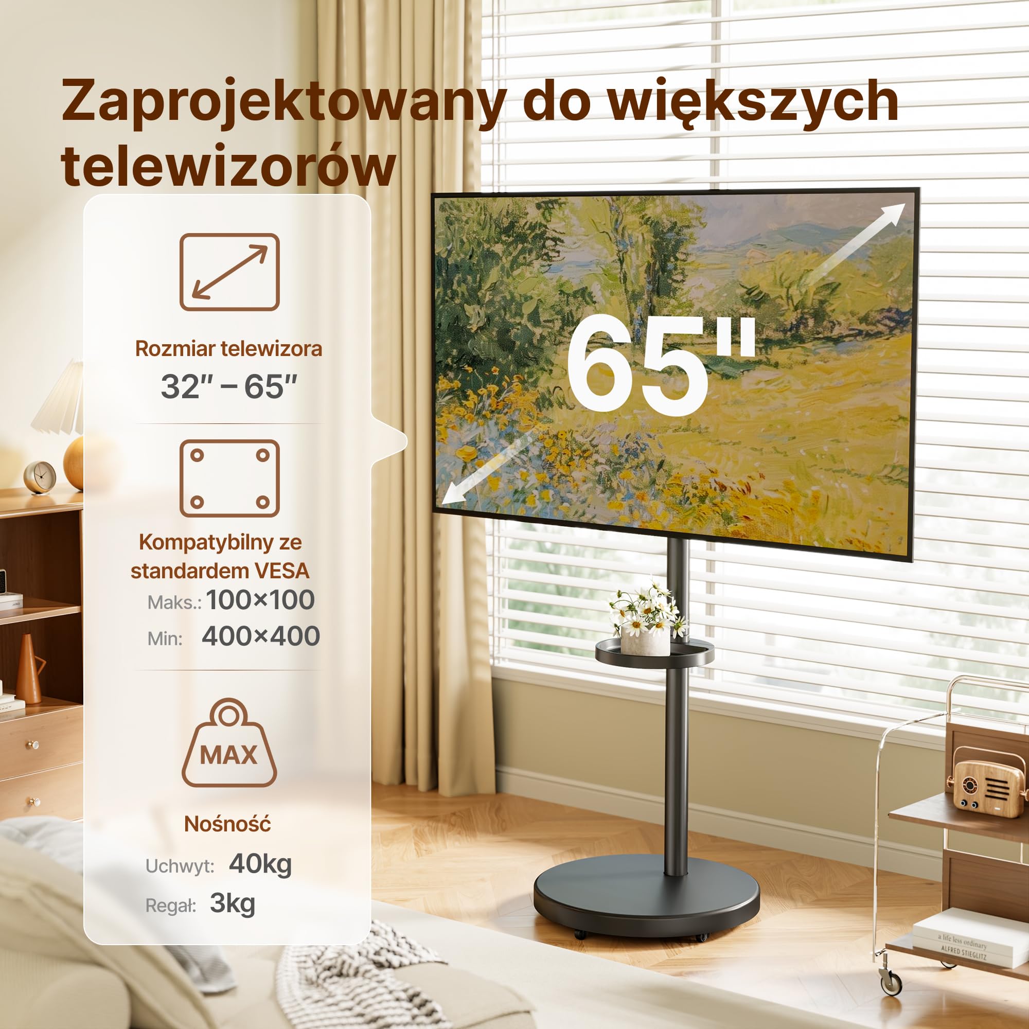 Mobilny stojak pod telewizor na kółkach – do ekranów 32–65 cali | do 40 kg– z regulacją wysokości i półką – obrót pion/poziom – maks. VESA 400x400 mm – Czarny
