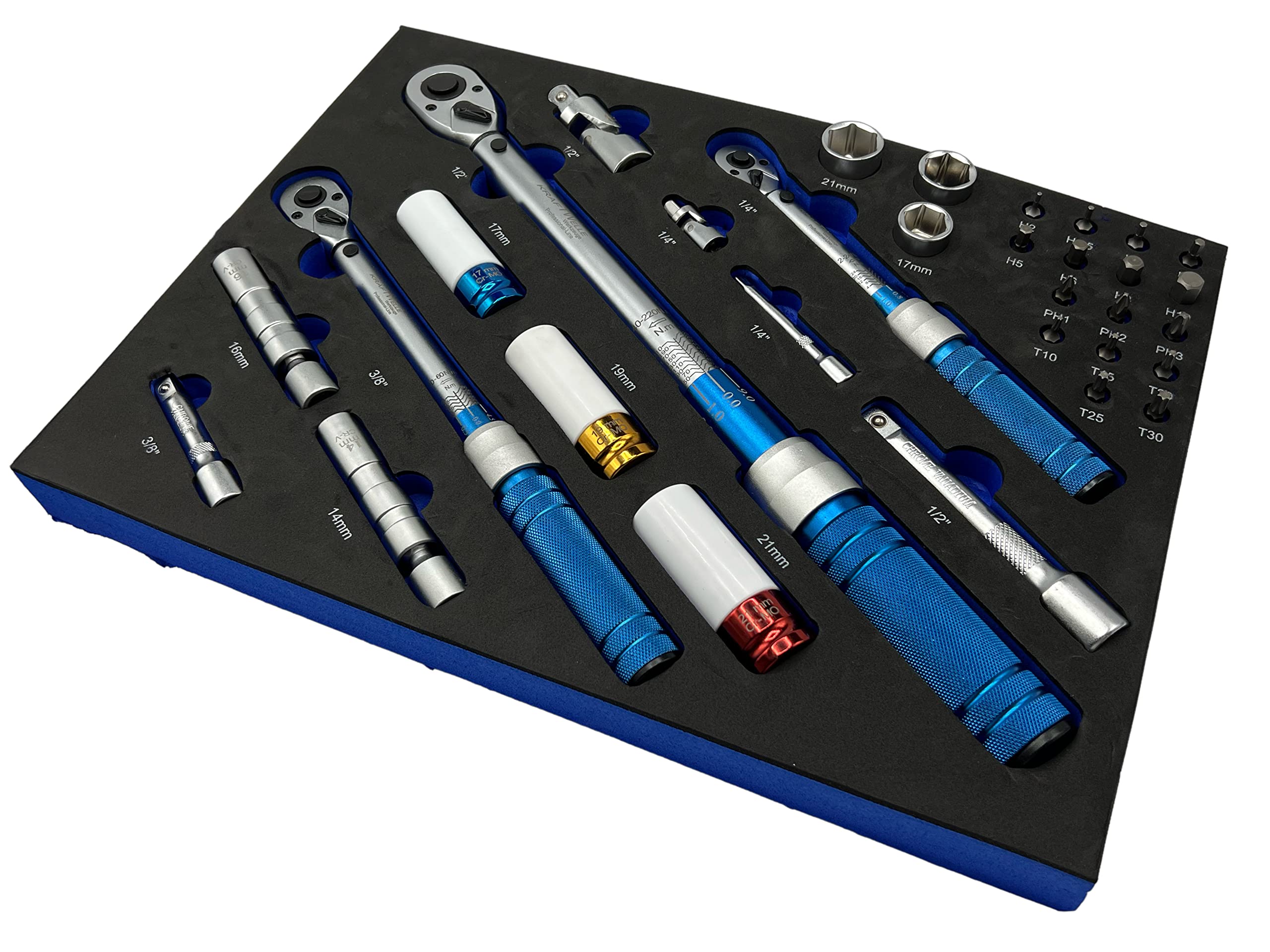 Kraftwelle Set di chiavi dinamometriche professionali da 32 pezzi, include cricchetto reversibile da 1/4, 3/8, 1/2" da 2-220 NM, cricchetto a denti fini, con bussola e set di punte