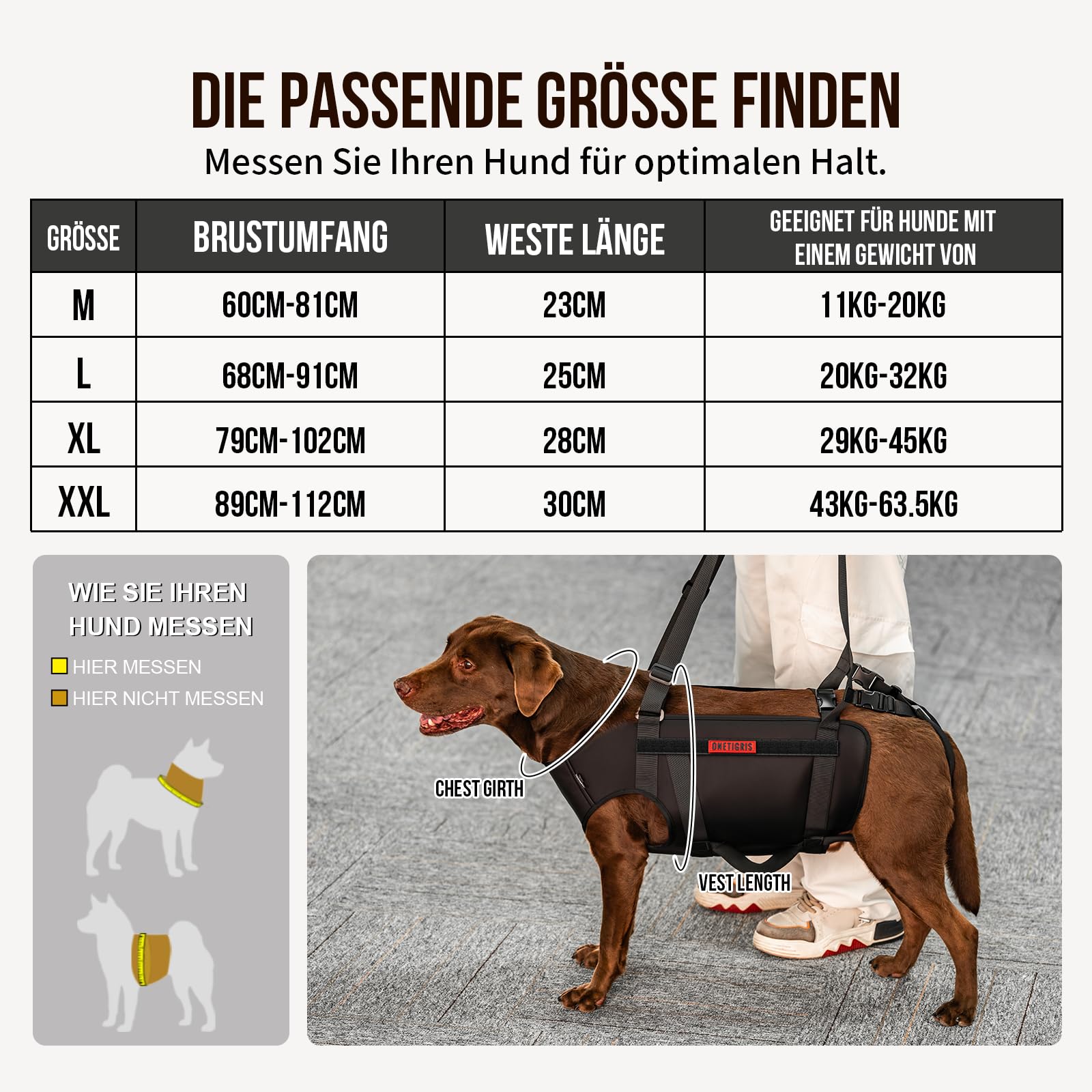 OneTigris Tragegeschirr für Hunde,MOBILIFT Ganzkörper Unterstützungsgeschirr Tragehilfe für ältere & Rehabilitierende Hunde, Gelenkschonend, Verstellbar mit Gepolsterten Gurten & Tragegriffe XL