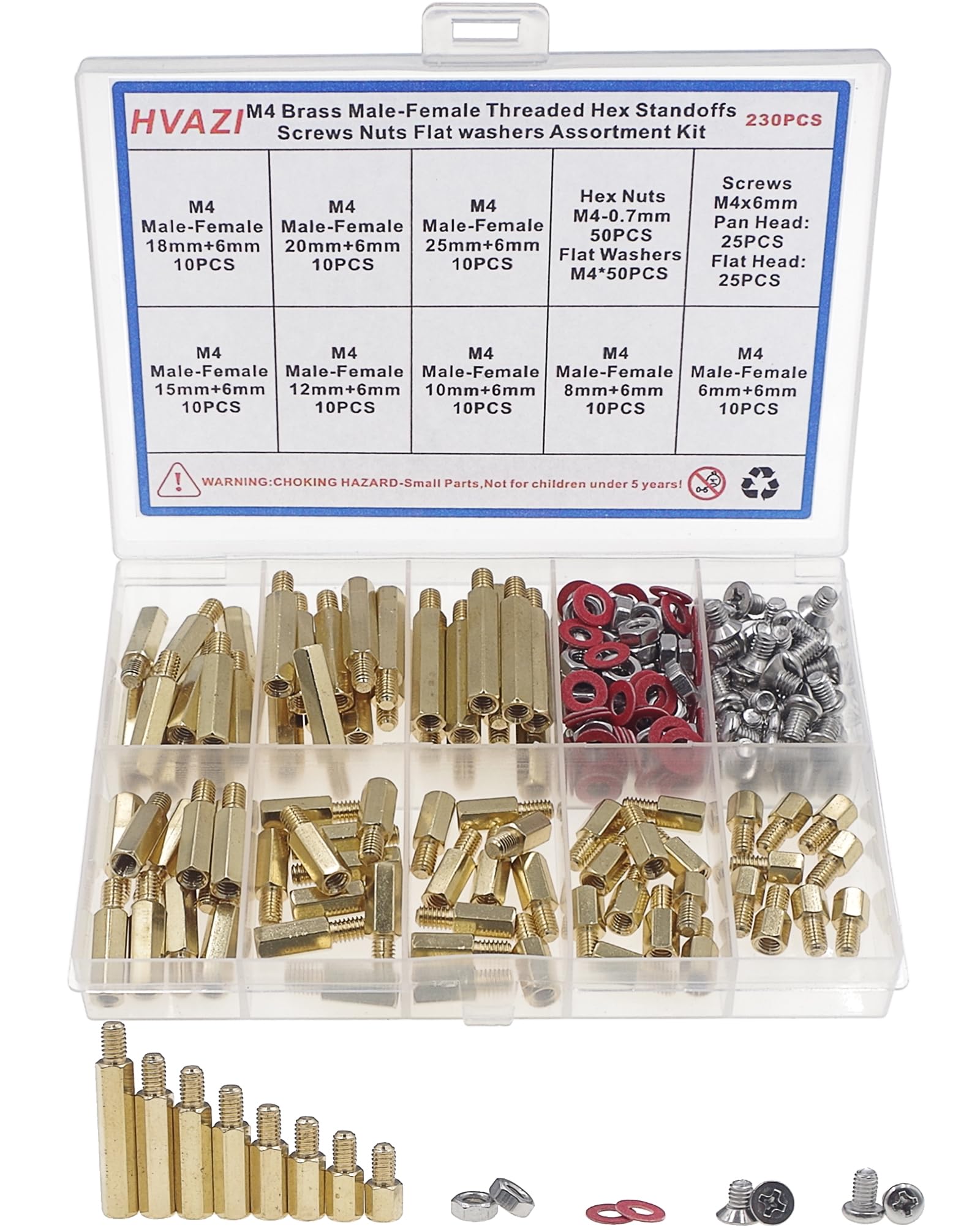 M4 Brass Male-Female Threaded Hex standoffs spacers (Female Lengths:6mm to 25mm),Stainless Steel Screws,Nuts,Flat washers Assortment kit