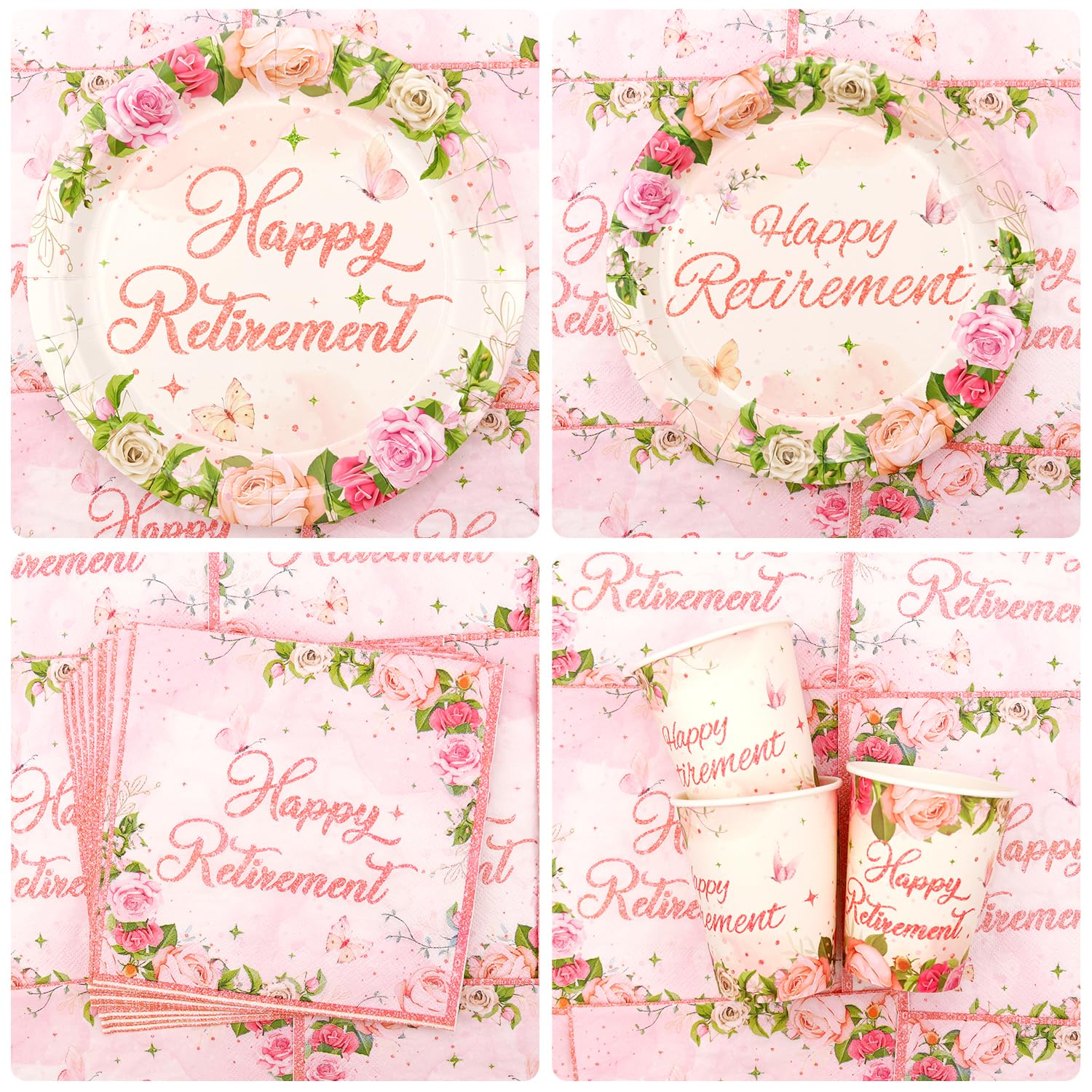 Set di decorazioni floreali per festa di pensionamento – Accessori per feste di pensionamento rosa, inclusi piatti, bicchieri, tovaglioli, tovaglia, cannucce – per 20 persone